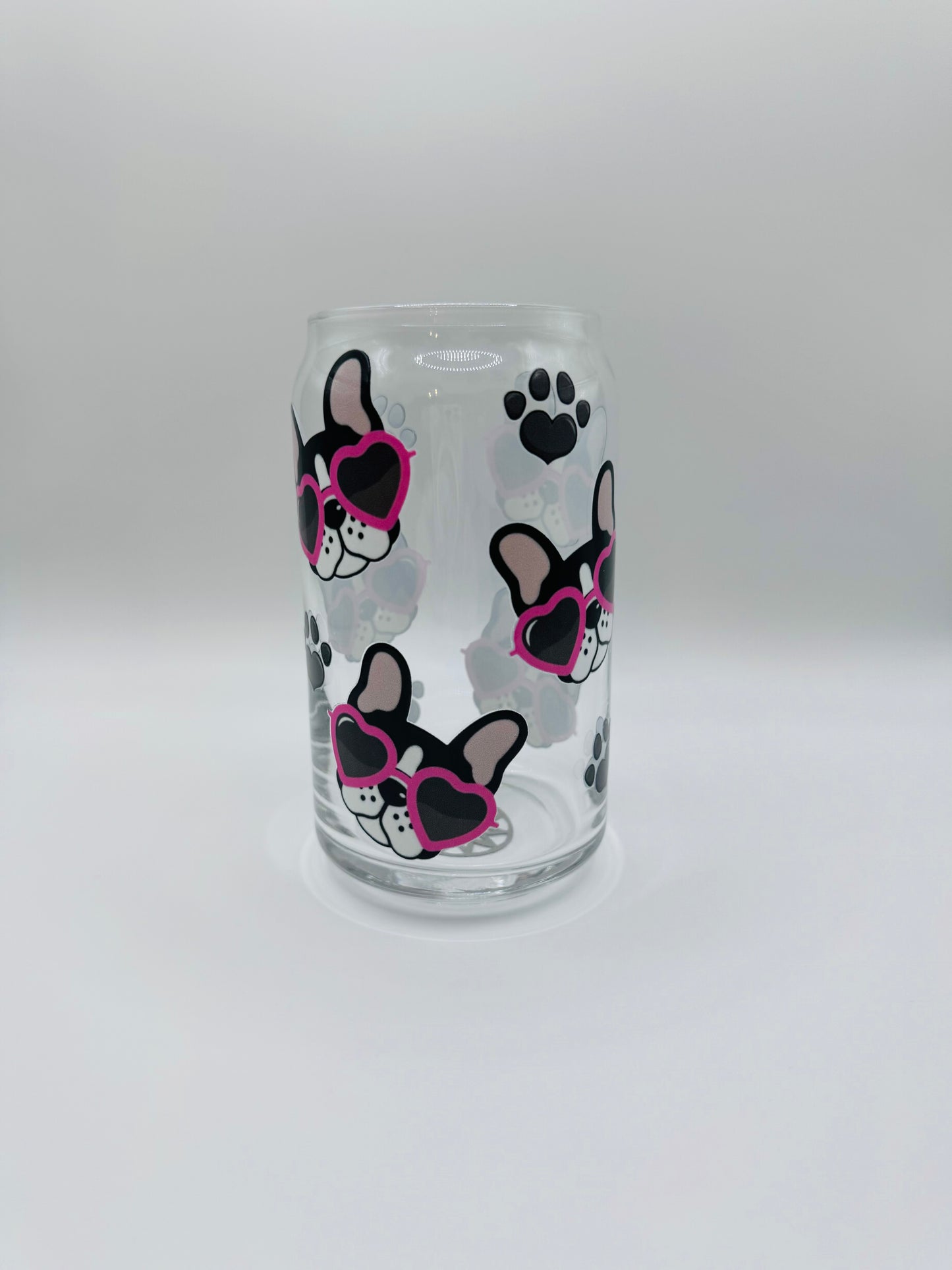 Frenchie with sunglasses beer can glass