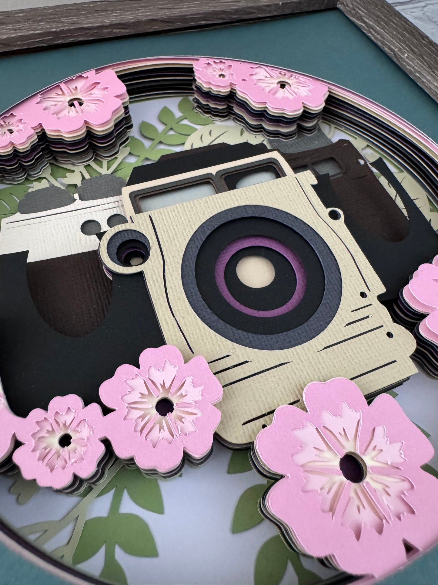 Camera with flowers design 3D paper art in a shadowbox