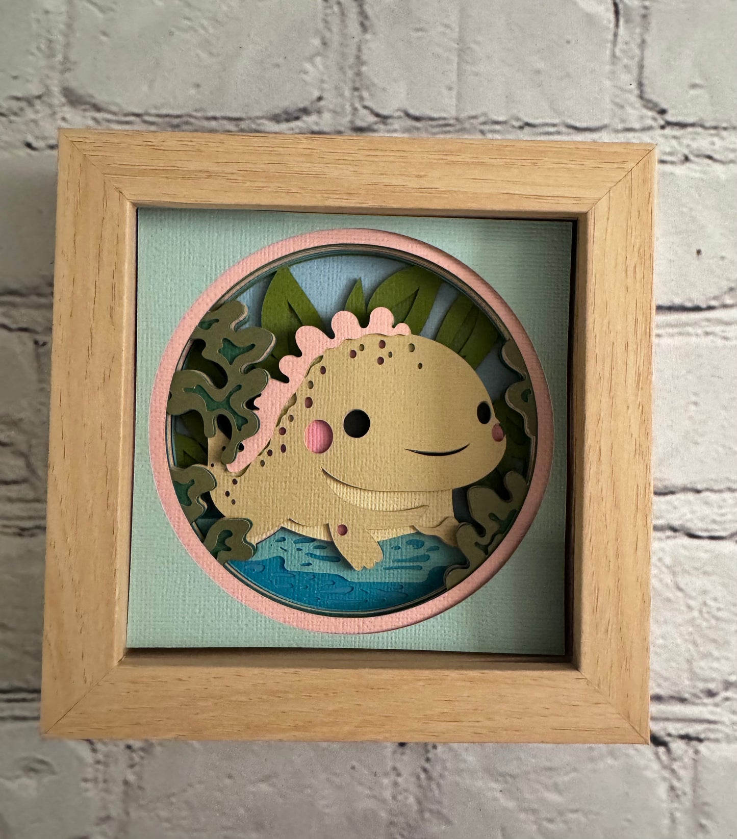 Axolotol mini 3D paper art in a shadowbox