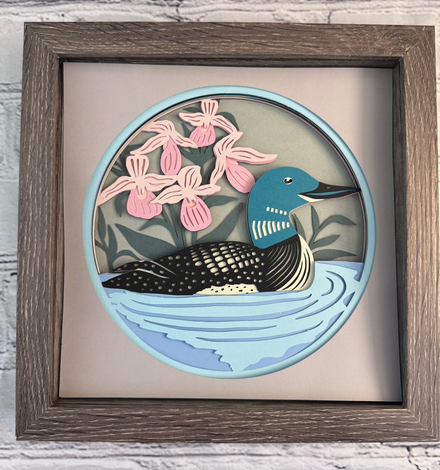 Loon with pink flowers 3D paper art in a shadowbox