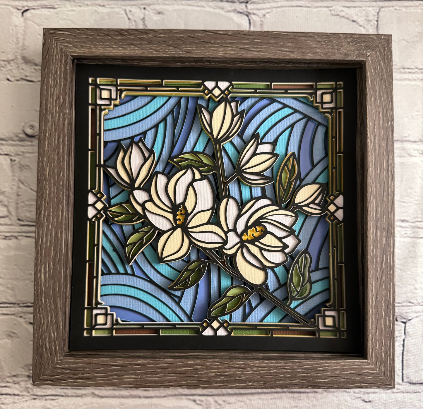 Stained glass magnolia 3D paper art in a shadowbox