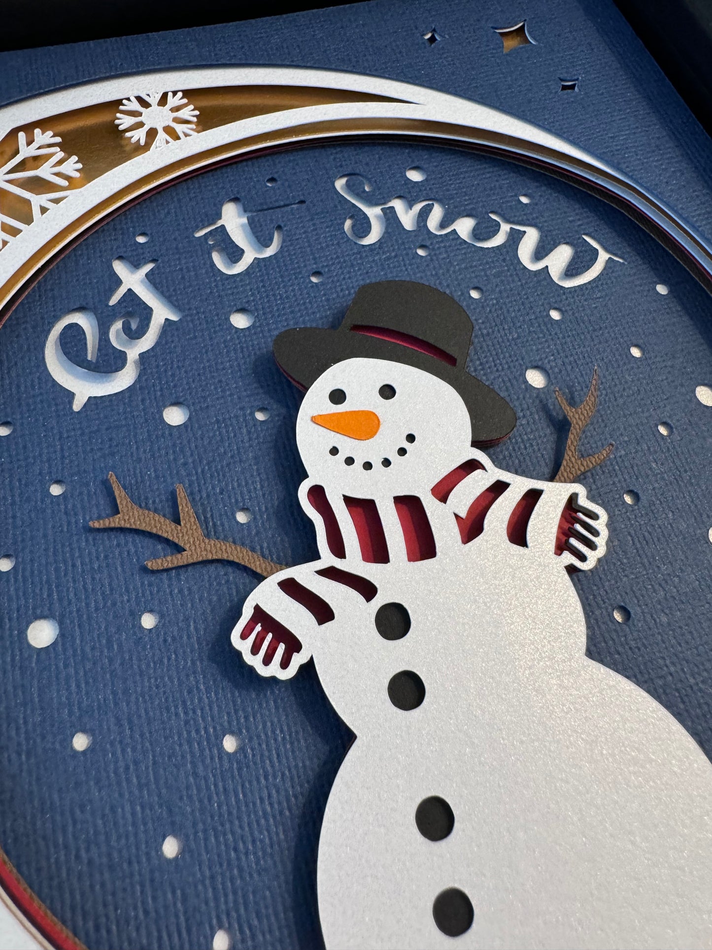 Snowman on crescent moon 3D paper art shadowbox