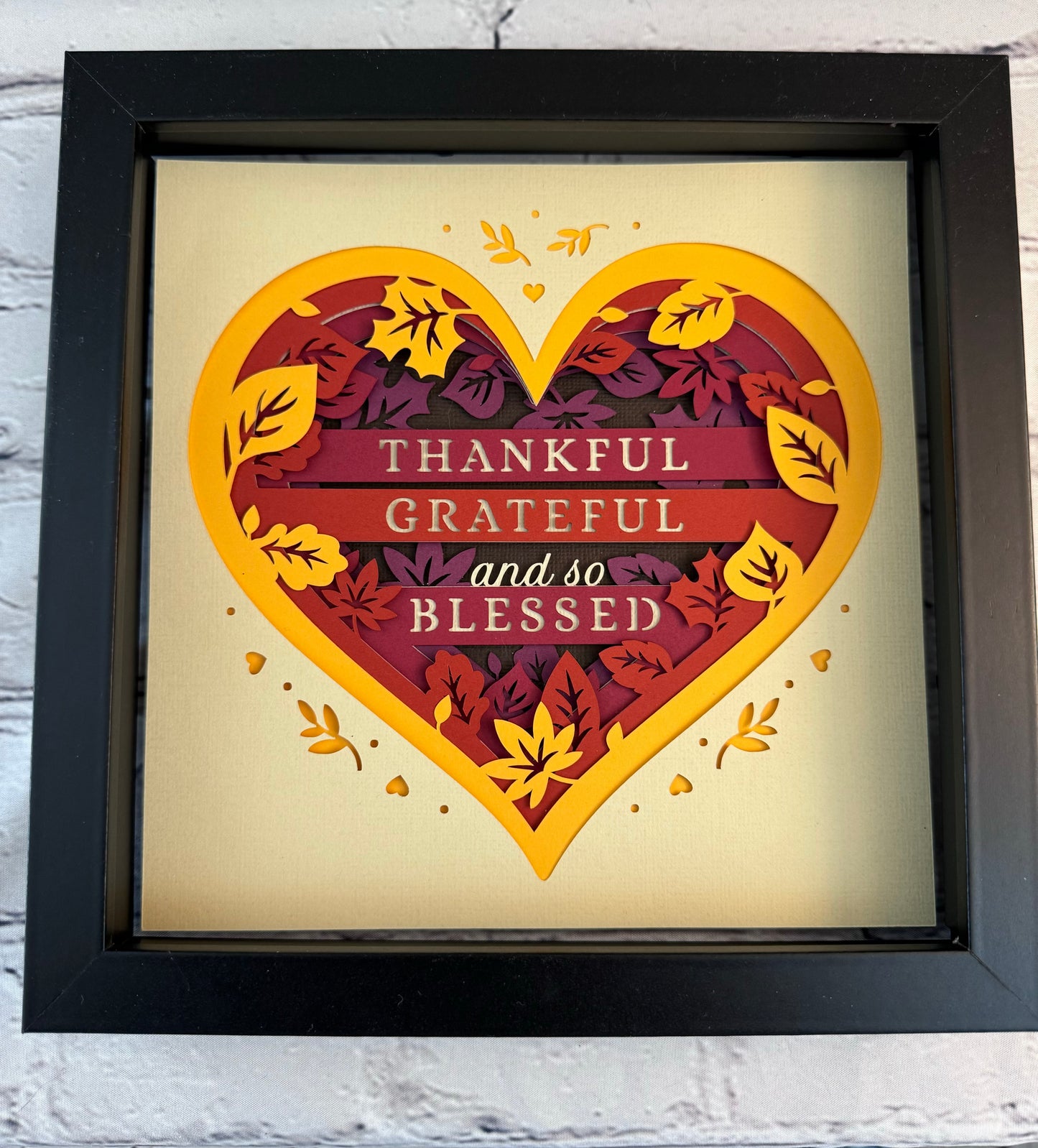 Thankful, grateful and so blessed heart 3D paper art in a shadowbox