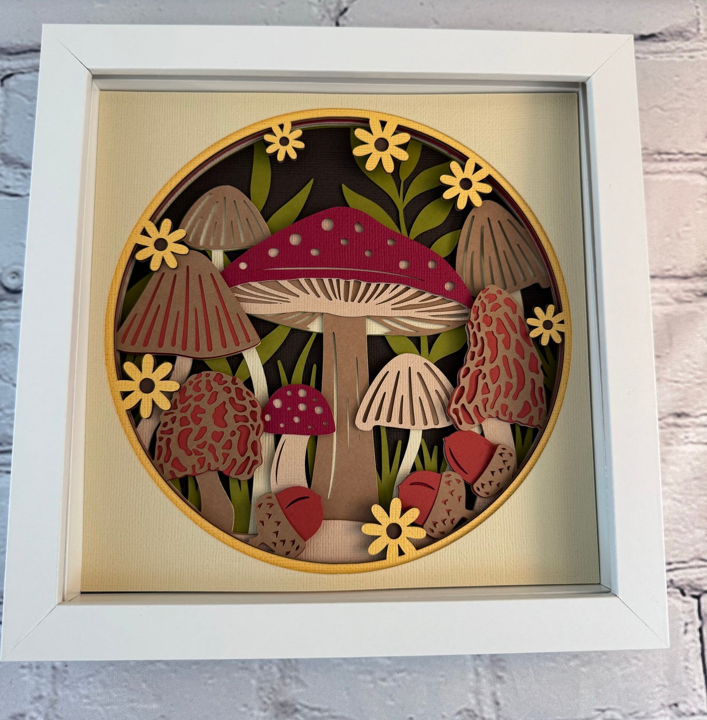 Mushroom fall forest design 3D paper art in a shadowbox