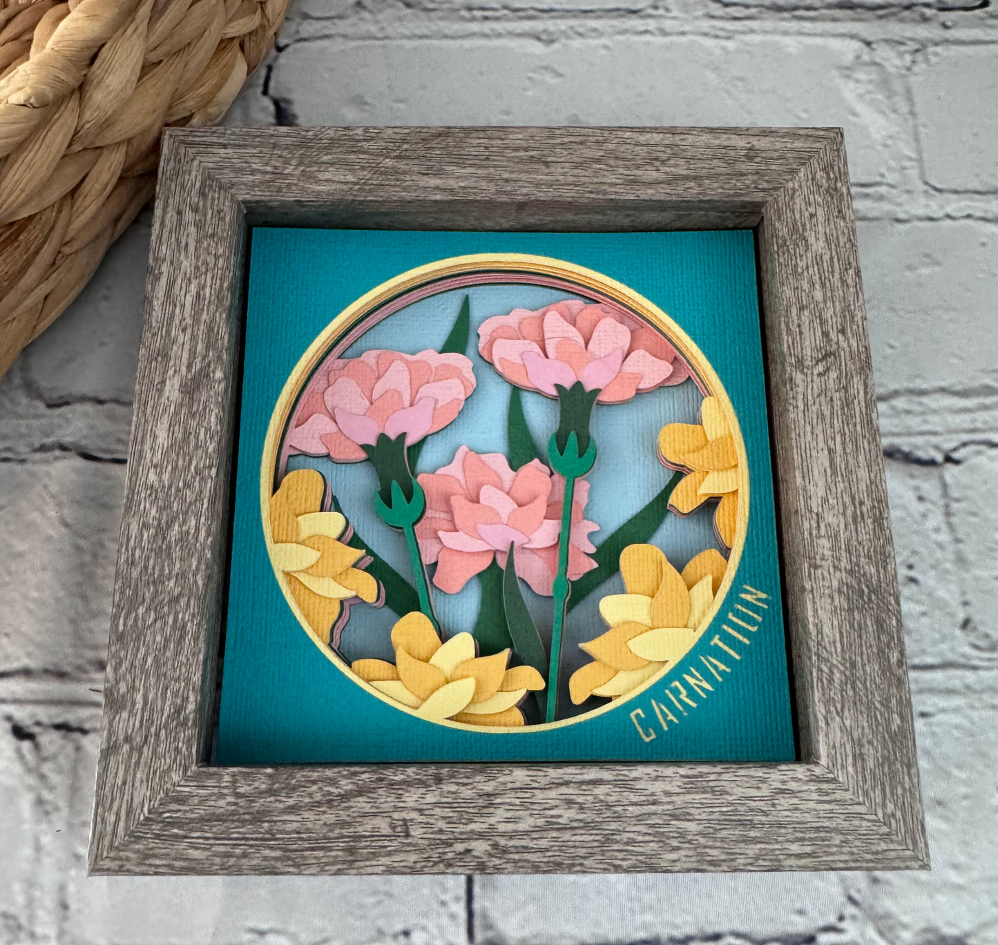 Carnation mini 3D paper art in a shadowbox