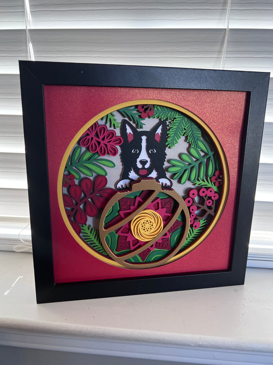 Dog on ornament 3D paper art in a shadowbox