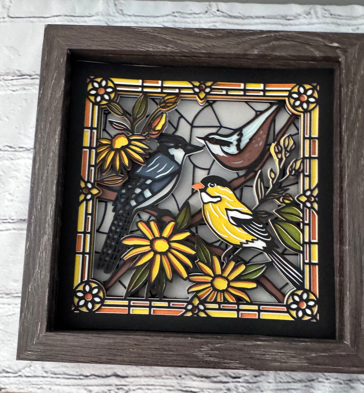 Stained glass bluebird and flowers 3D paper art in a shadowbox