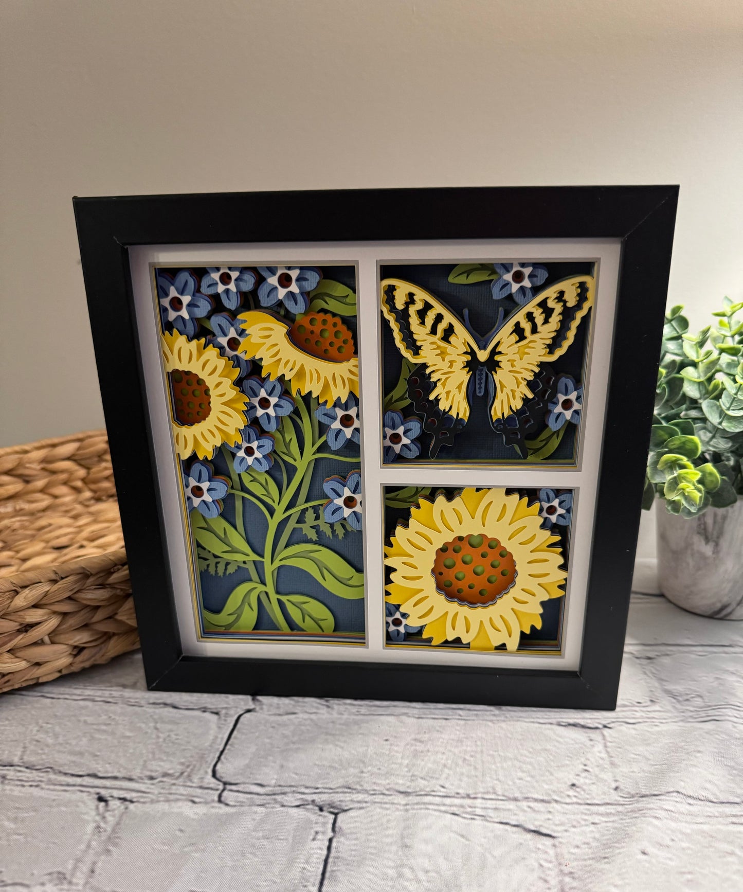 Butterfly 3 panel scene tiger swallowtail butterfly 3D paper art in a shadowbox