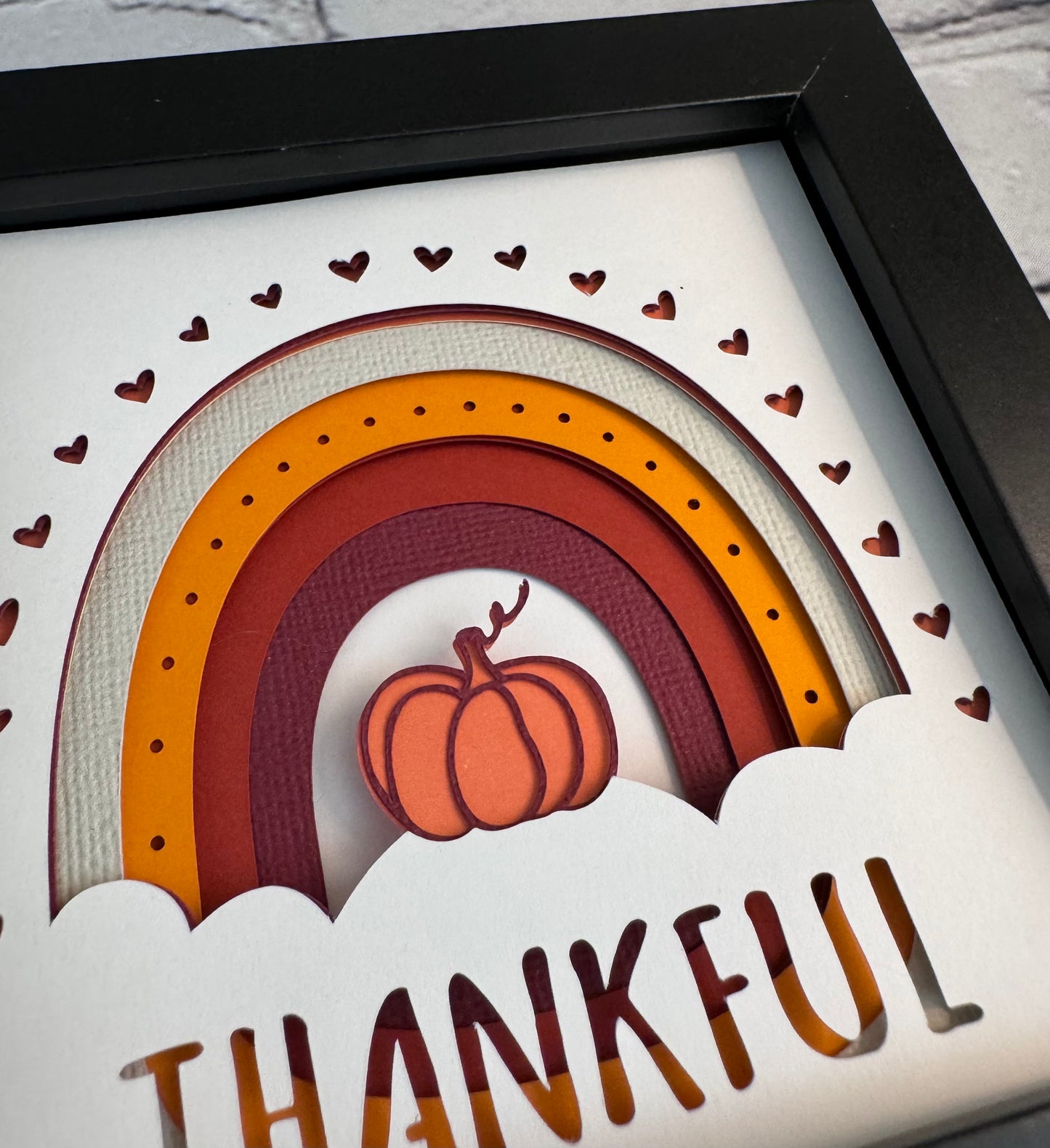 Thankful rainbow with pumpkin mini 3D paper art in a shadowbox