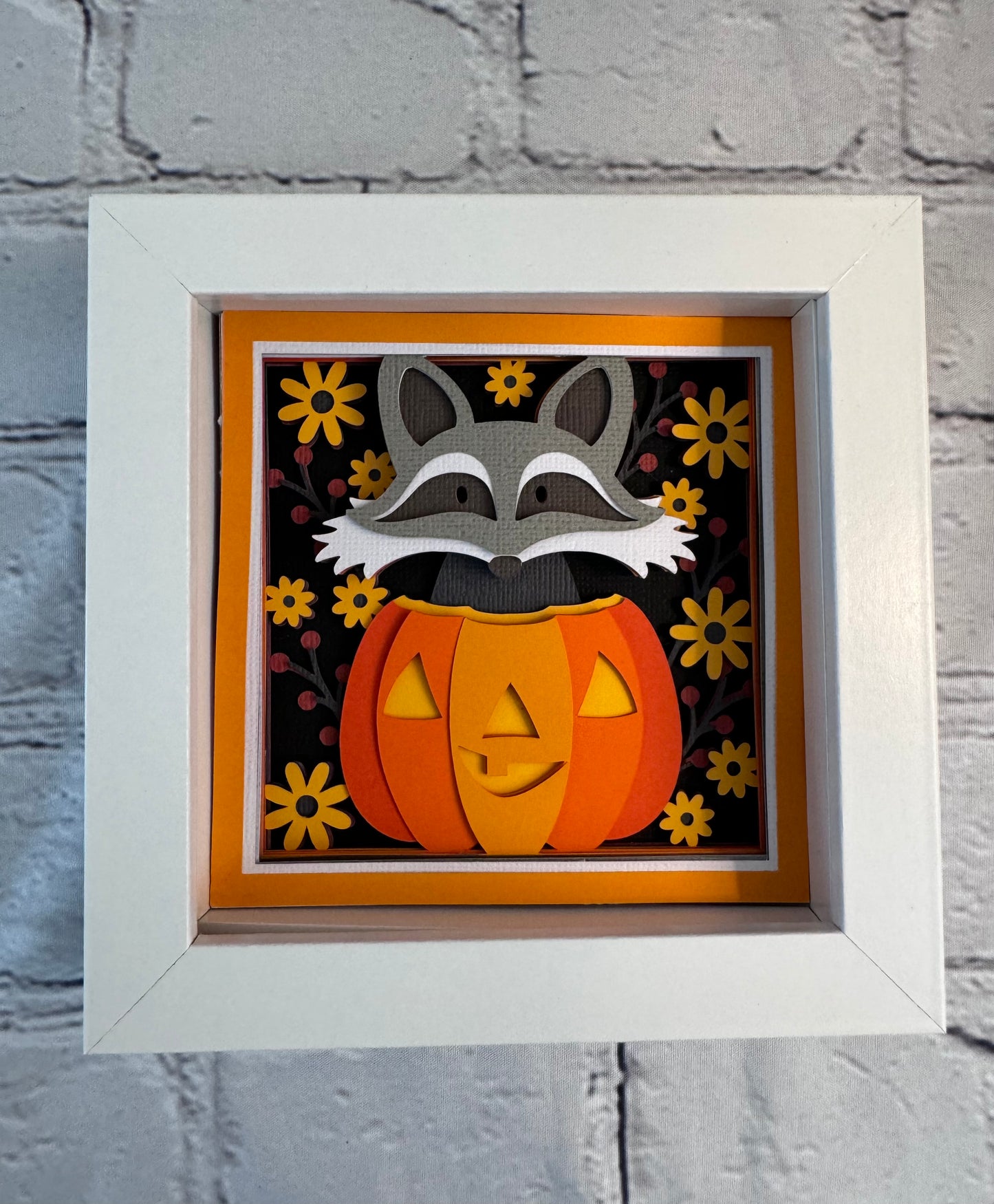 Fall raccoon in a pumpkin mini 3D paper art in a shadowbox