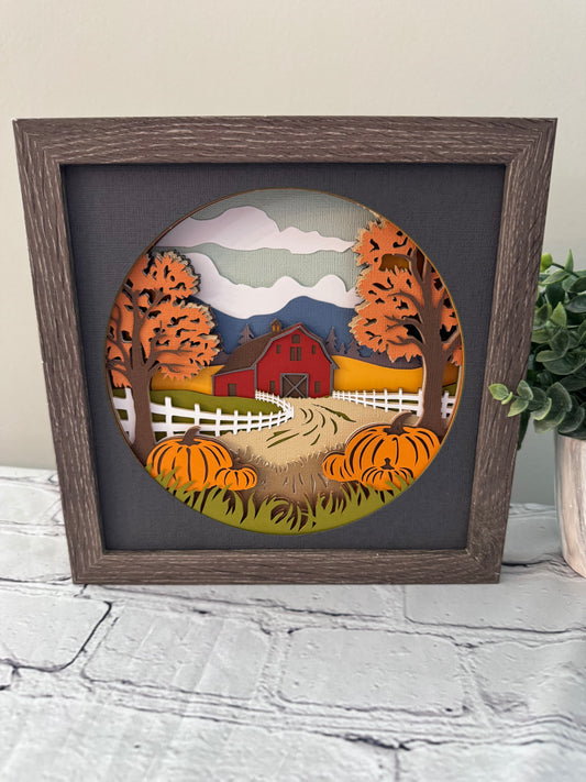 Fall barn landscape design 3D paper art in a shadowbox