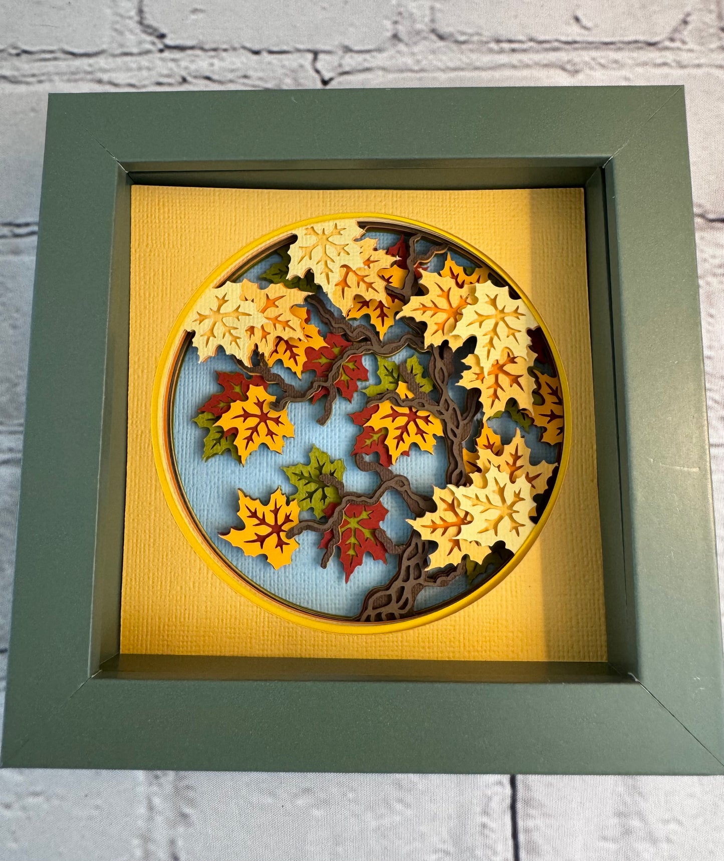 Fall maple tree branch mini 3D paper art in a shadowbox