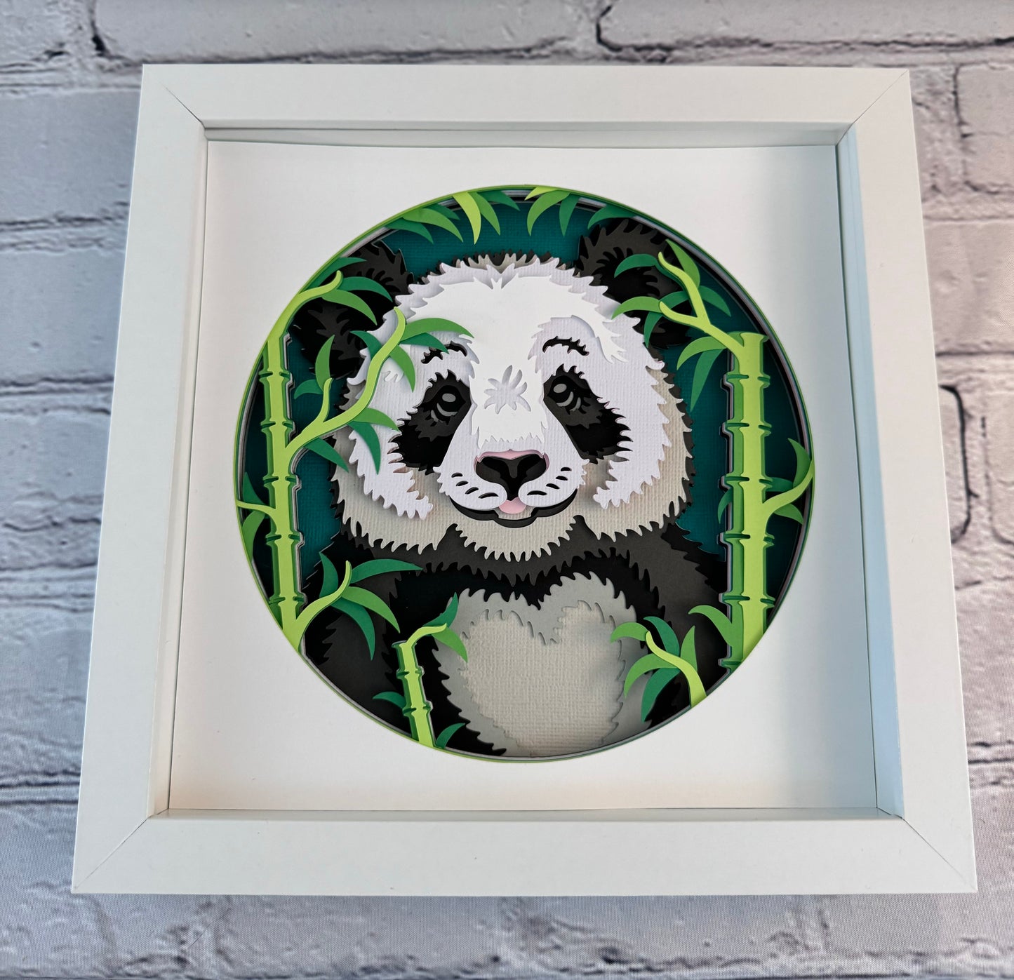 Panda with bamboo 3D paper art in a shadowbox