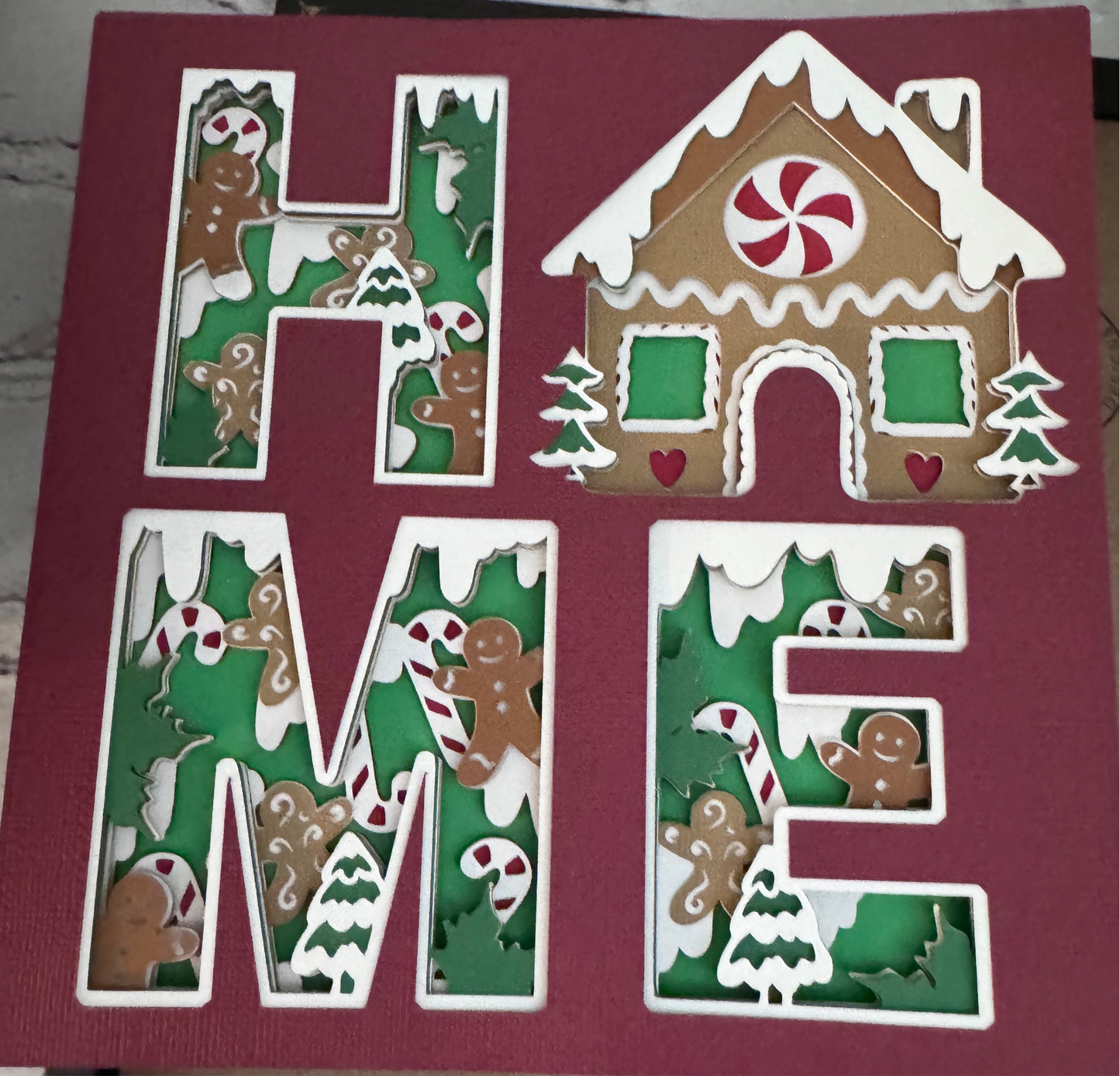 Gingerbread house home 3D paper art in a shadowbox