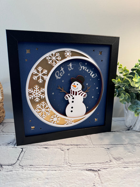 Snowman on crescent moon 3D paper art shadowbox