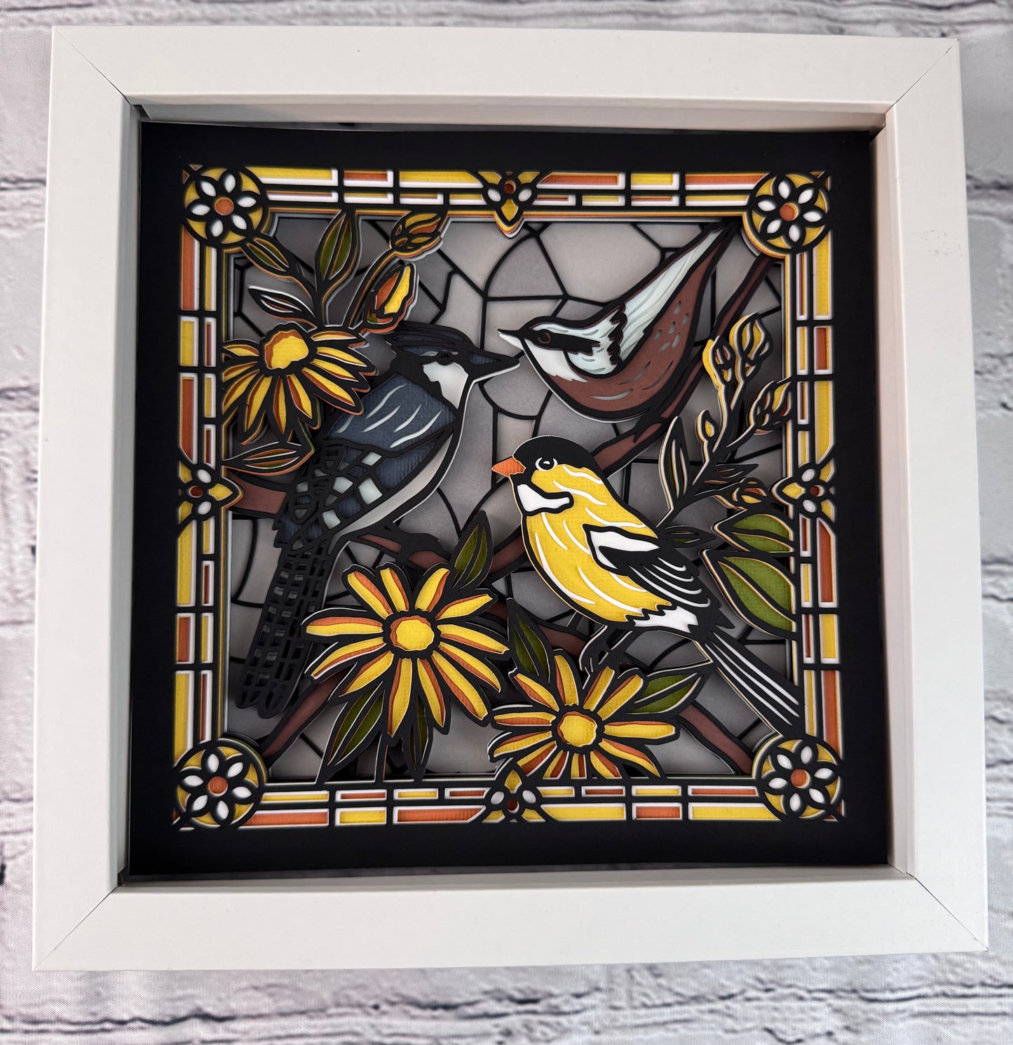Stained glass bluebird and flowers 3D paper art in a shadowbox