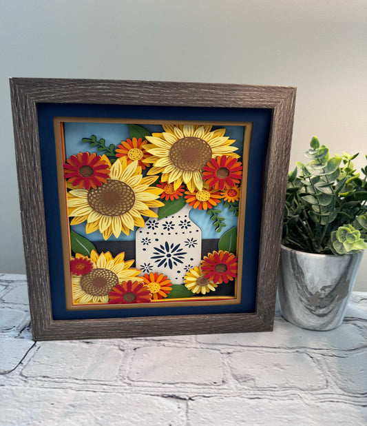 Fall flowers in a cornflower pitcher 3D paper art in a shadowbox