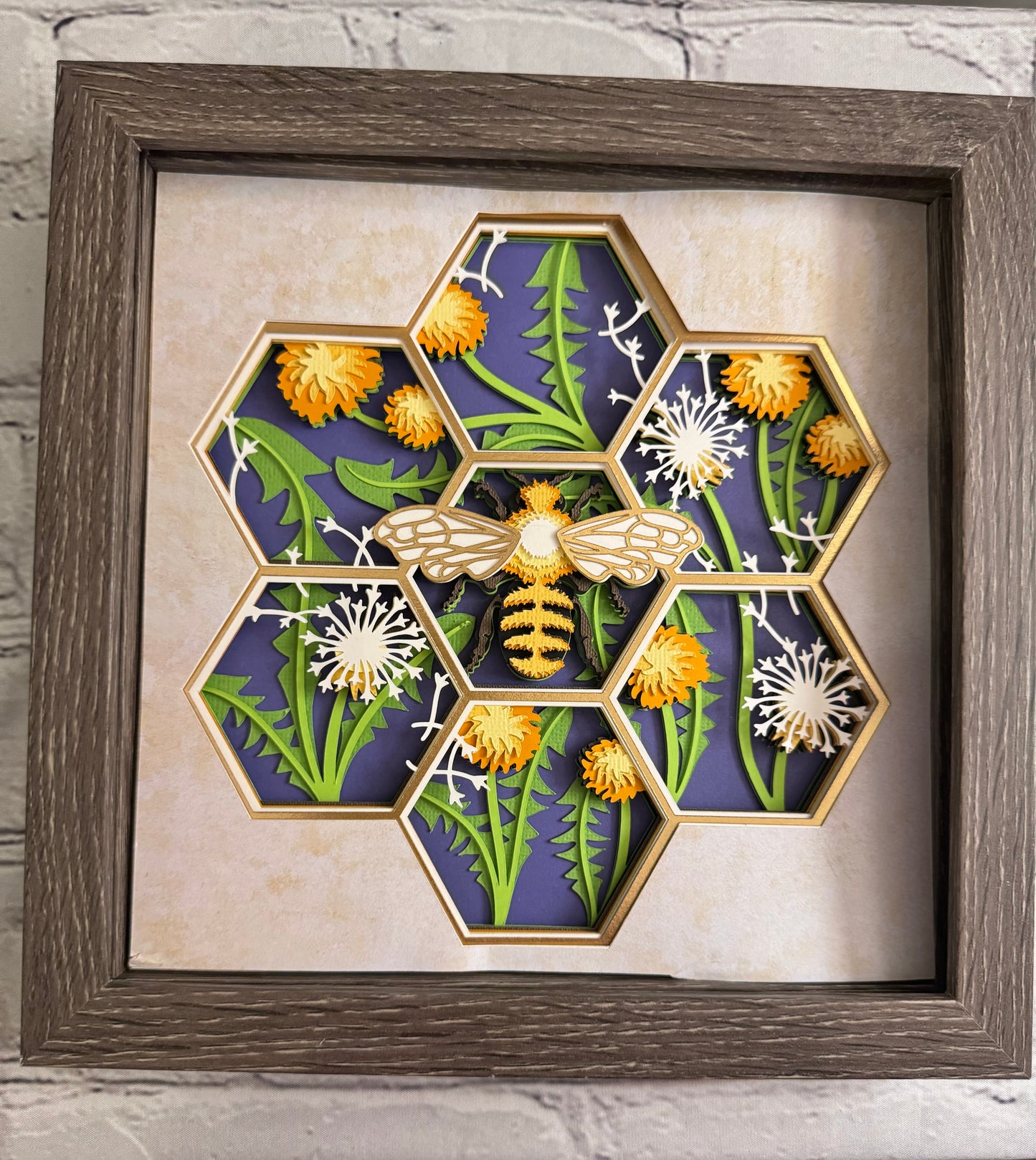 Bee scene honeycomb shape with dandelions 3D paper art in a shadowbox