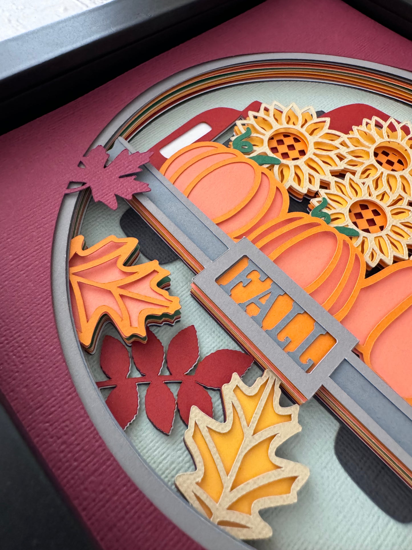 Fall truck with pumpkins and sunflowers design 3D paper art in a shadowbox