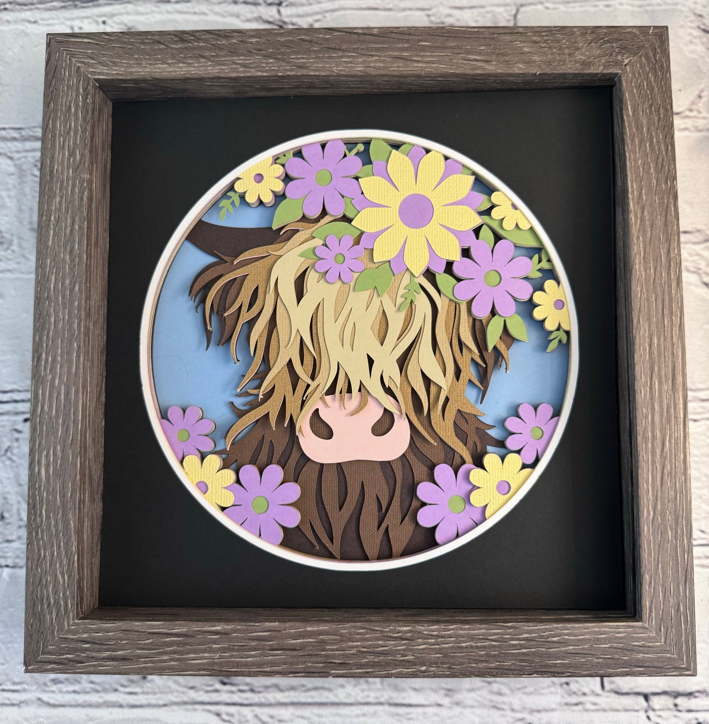 Highland cow 3D paper art in a shadowbox