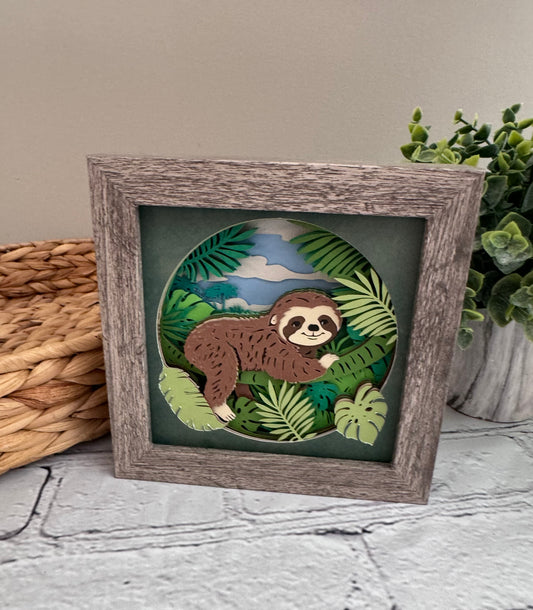 Sloth in the trees mini 3D paper art in a shadowbox