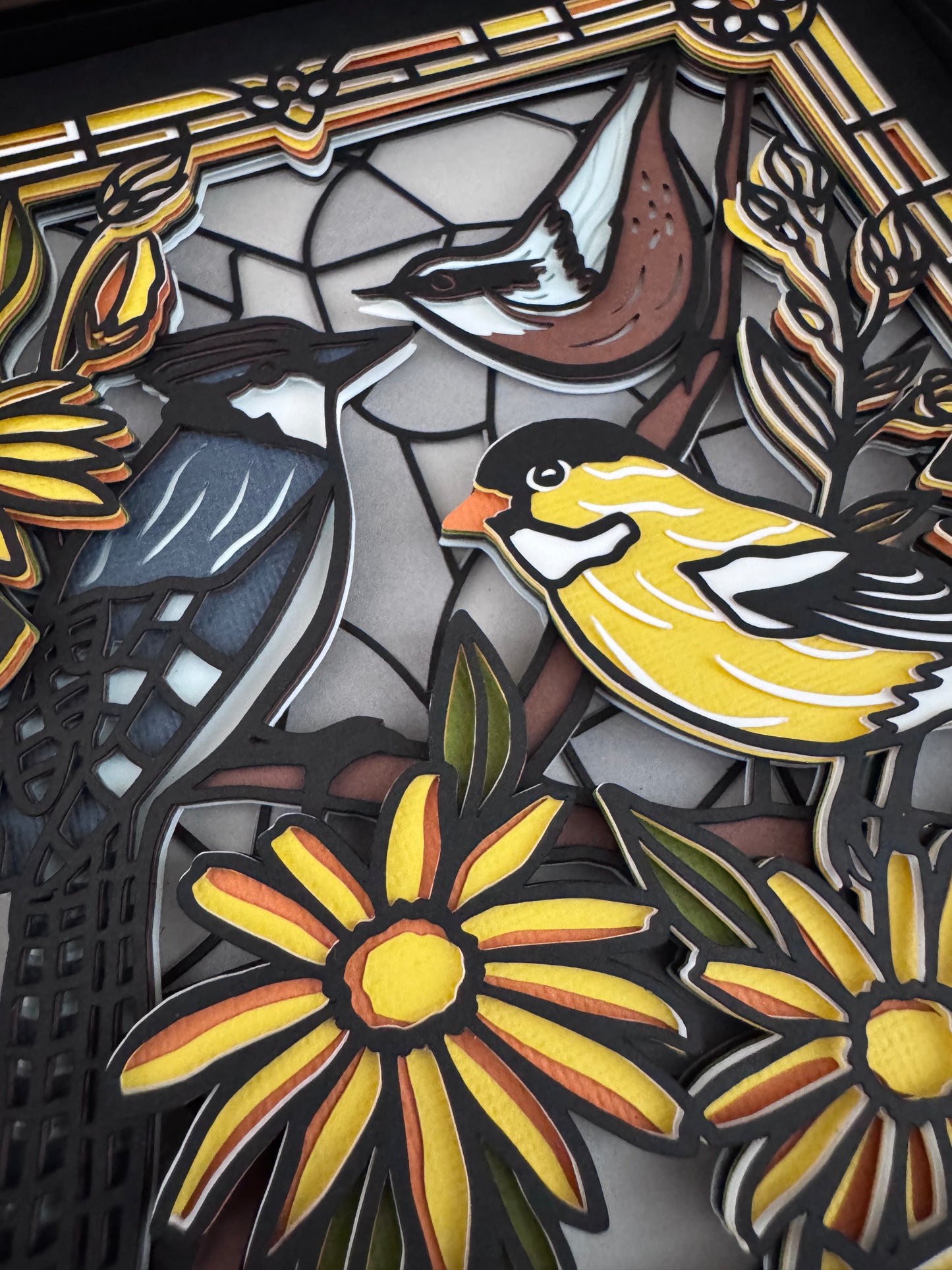 Stained glass bluebird and flowers 3D paper art in a shadowbox