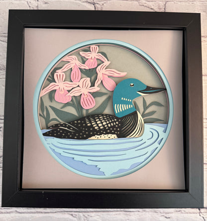 Loon with pink flowers 3D paper art in a shadowbox