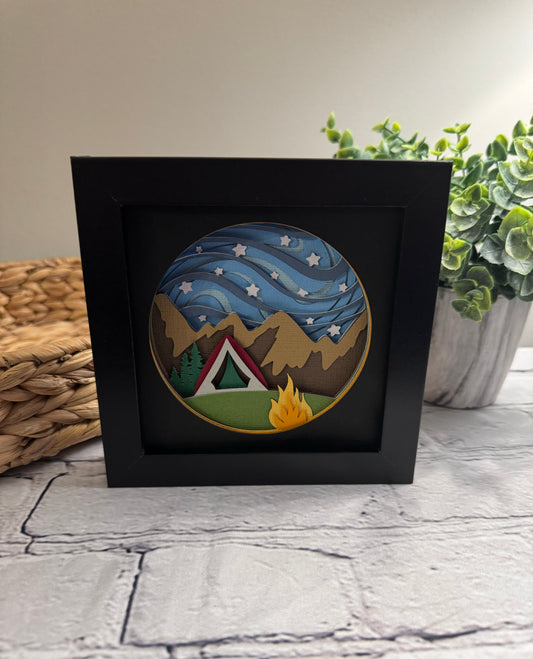 Camping under the stars mini 3D paper art in a shadowbox