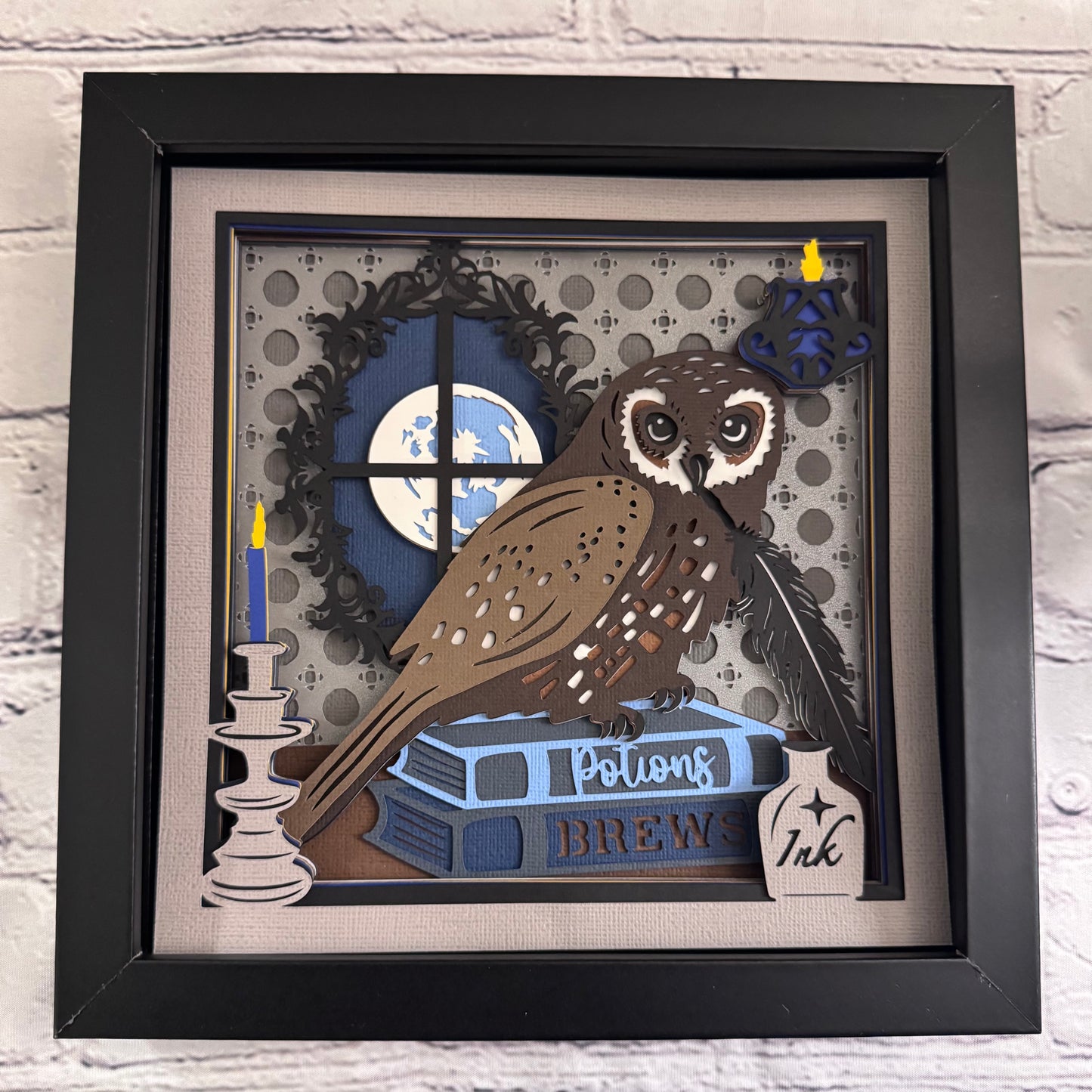 Owl with potions and brew books 3D paper art in a shadowbox