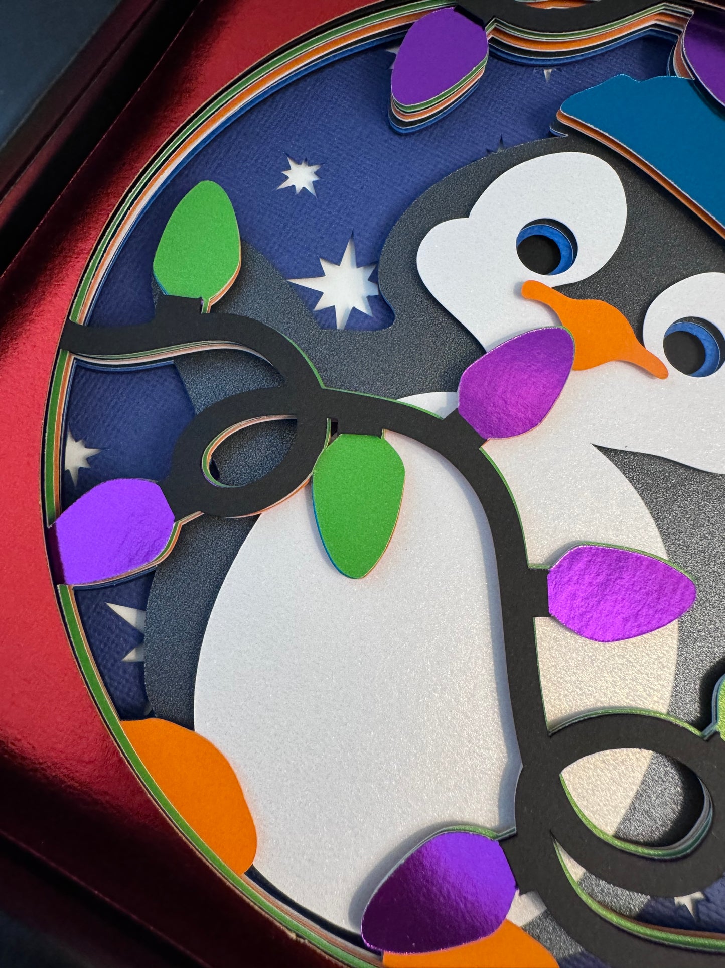 Penguin with Christmas lights 3D paper art shadowbox