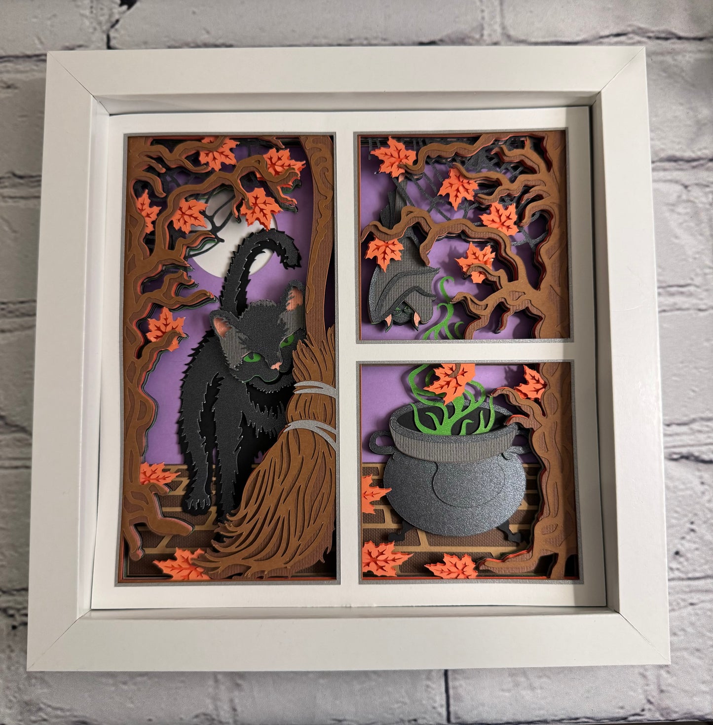 Black cat with broom and potion 3D paper art shadowbox