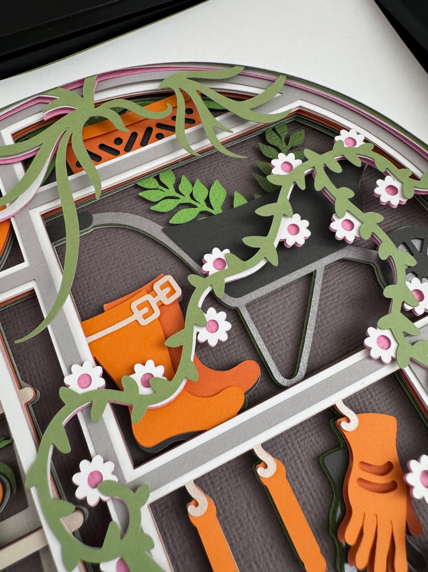 Gardening scene round version 3D paper art in a shadowbox