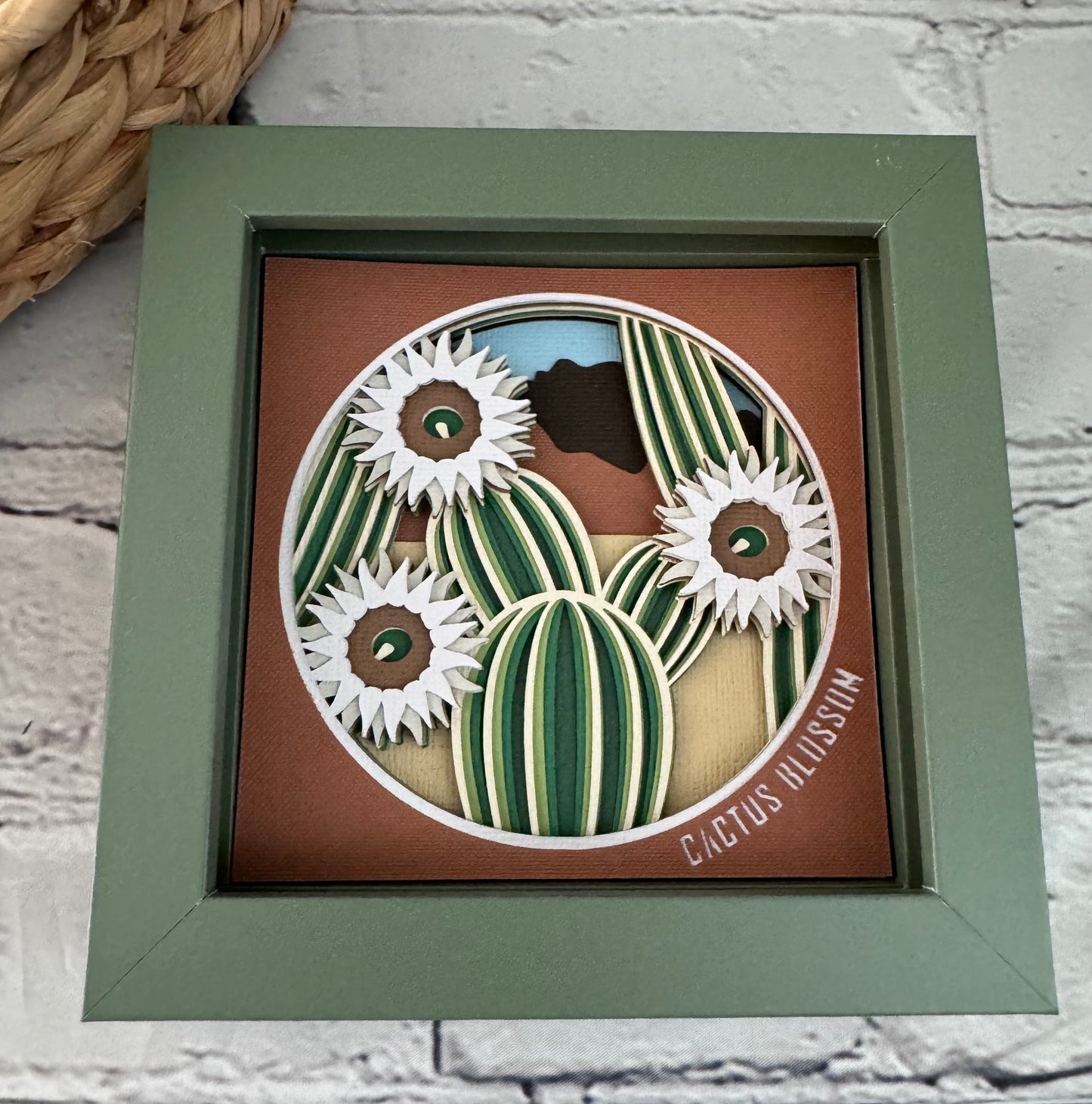 Cactus blossom mini 3D paper art in a shadowbox