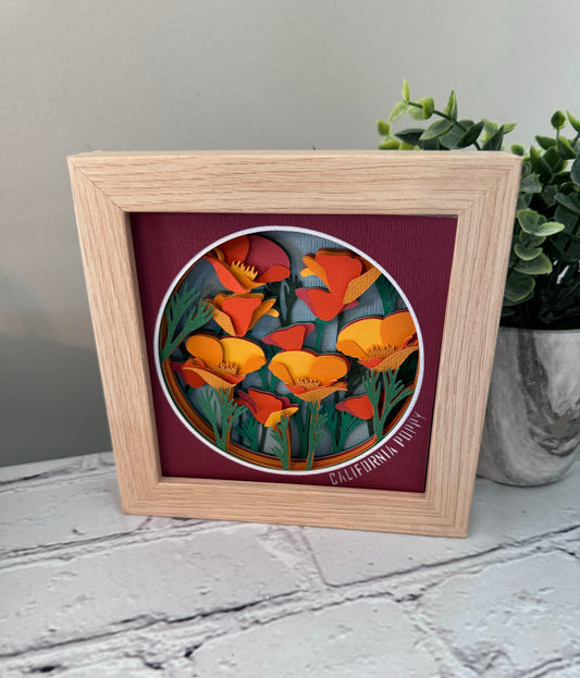 California poppy mini 3D paper art in a shadowbox