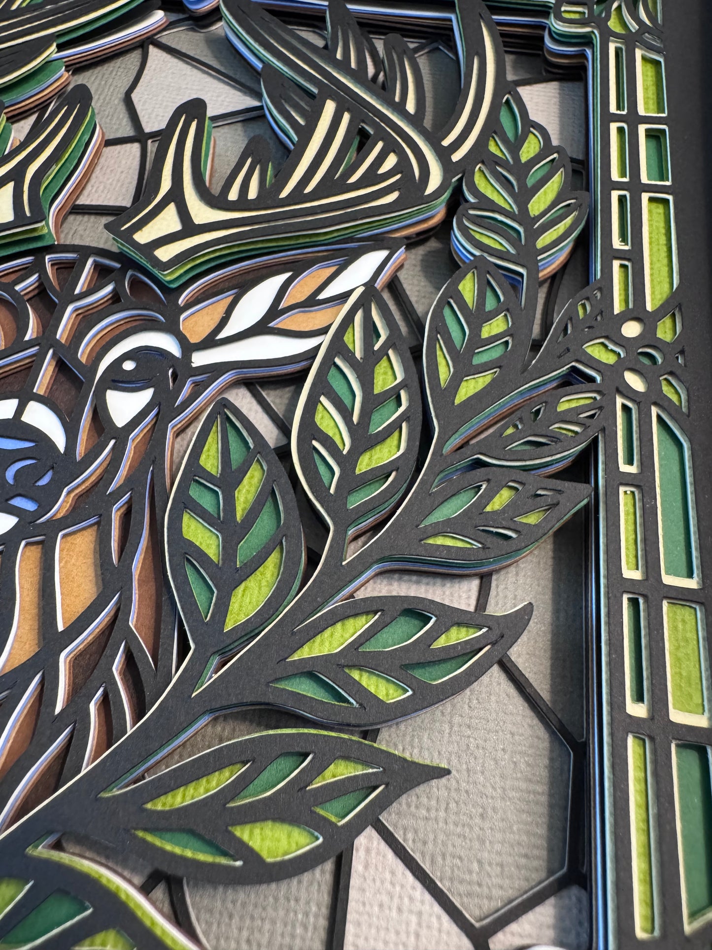 Stained glass buck 3D paper art in a shadowbox