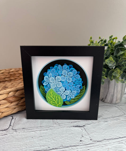 Hydrangea branch flowers mini 3D paper art in a shadowbox