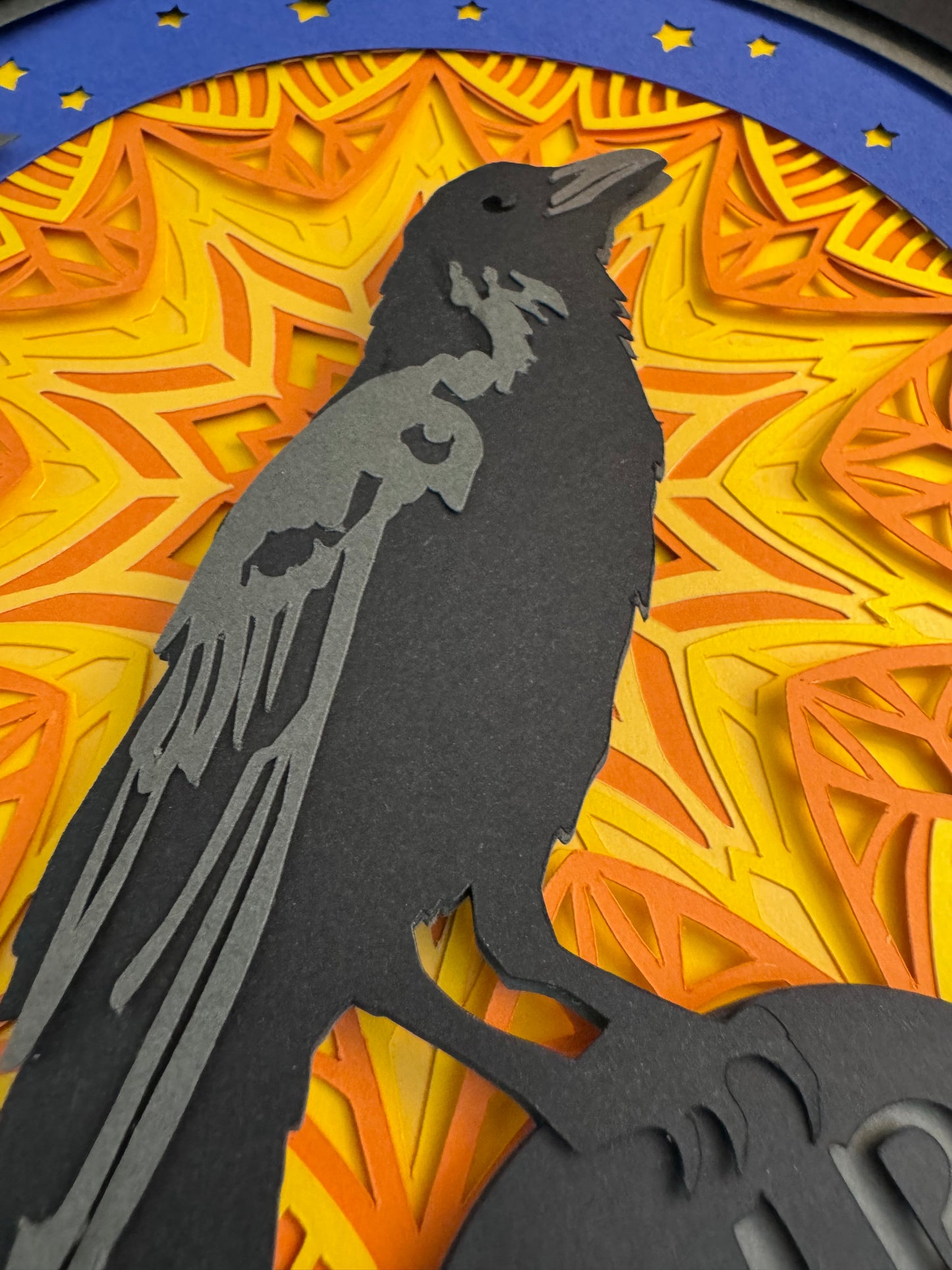 Halloween raven tombstone 3D paper art in a shadowbox