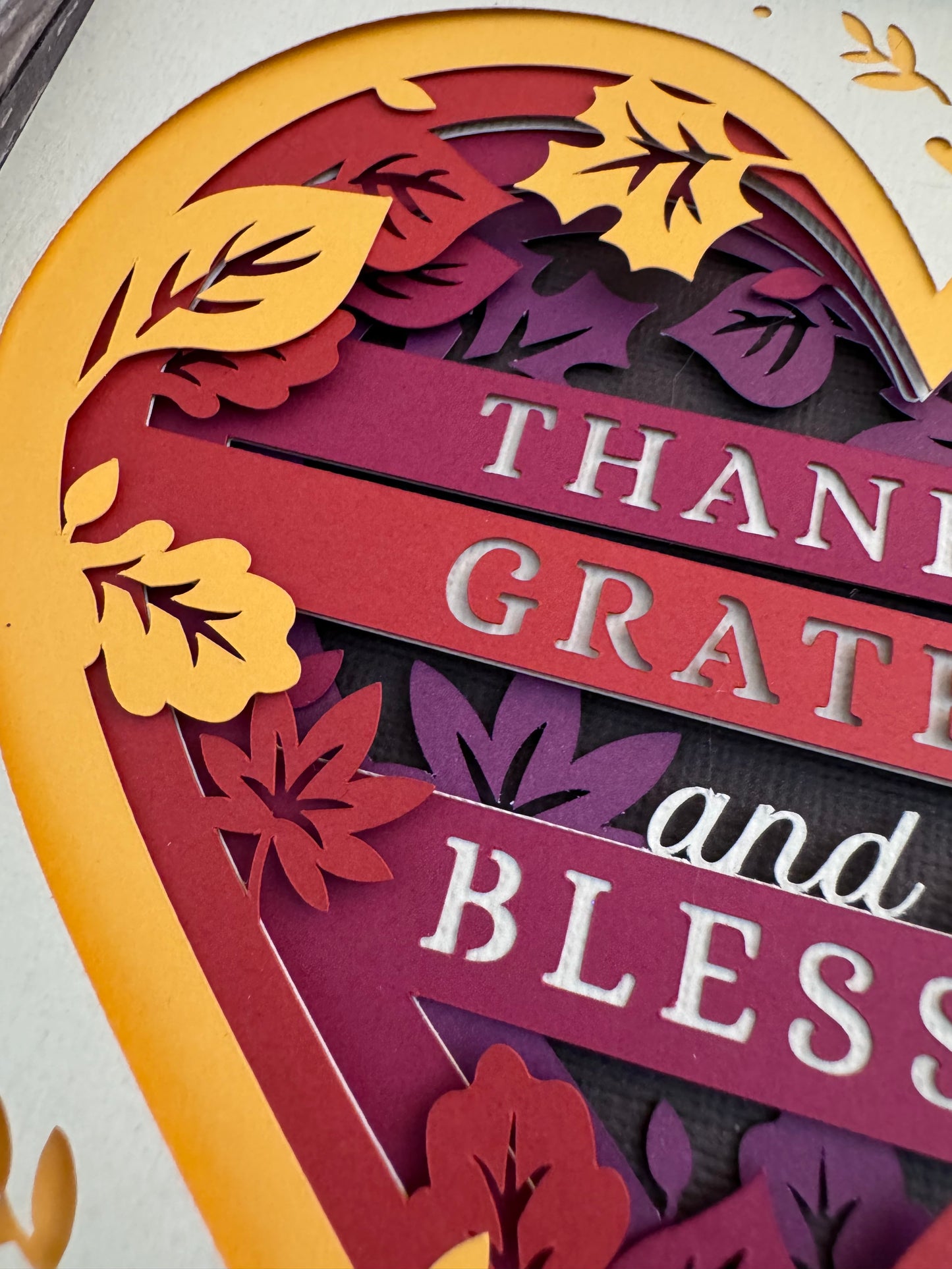 Thankful, grateful and so blessed heart 3D paper art in a shadowbox