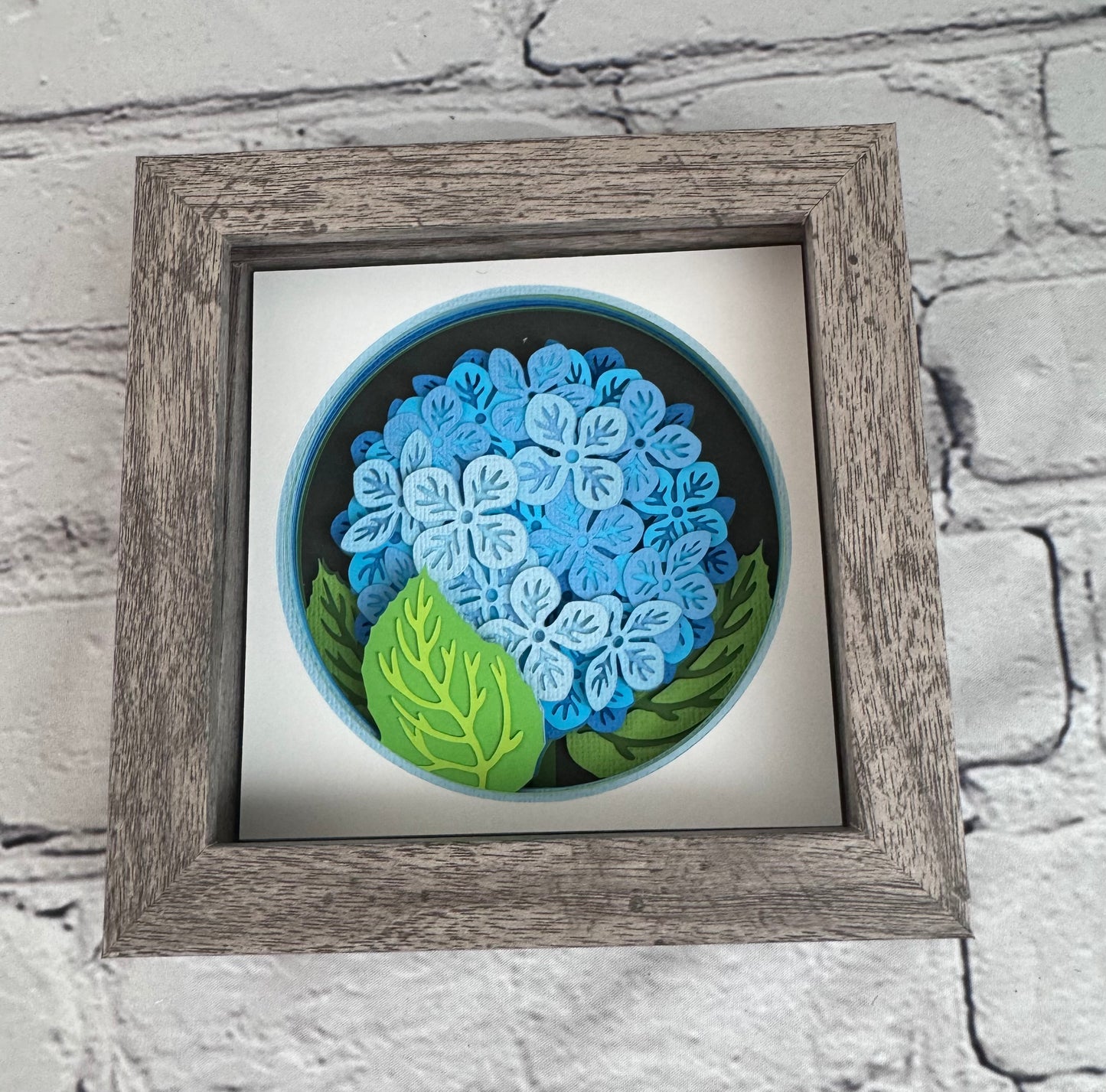 Hydrangea branch flowers mini 3D paper art in a shadowbox