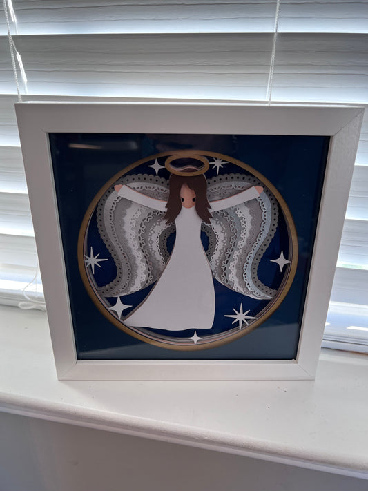 Angel in white gown 3D paper art in a shadowbox