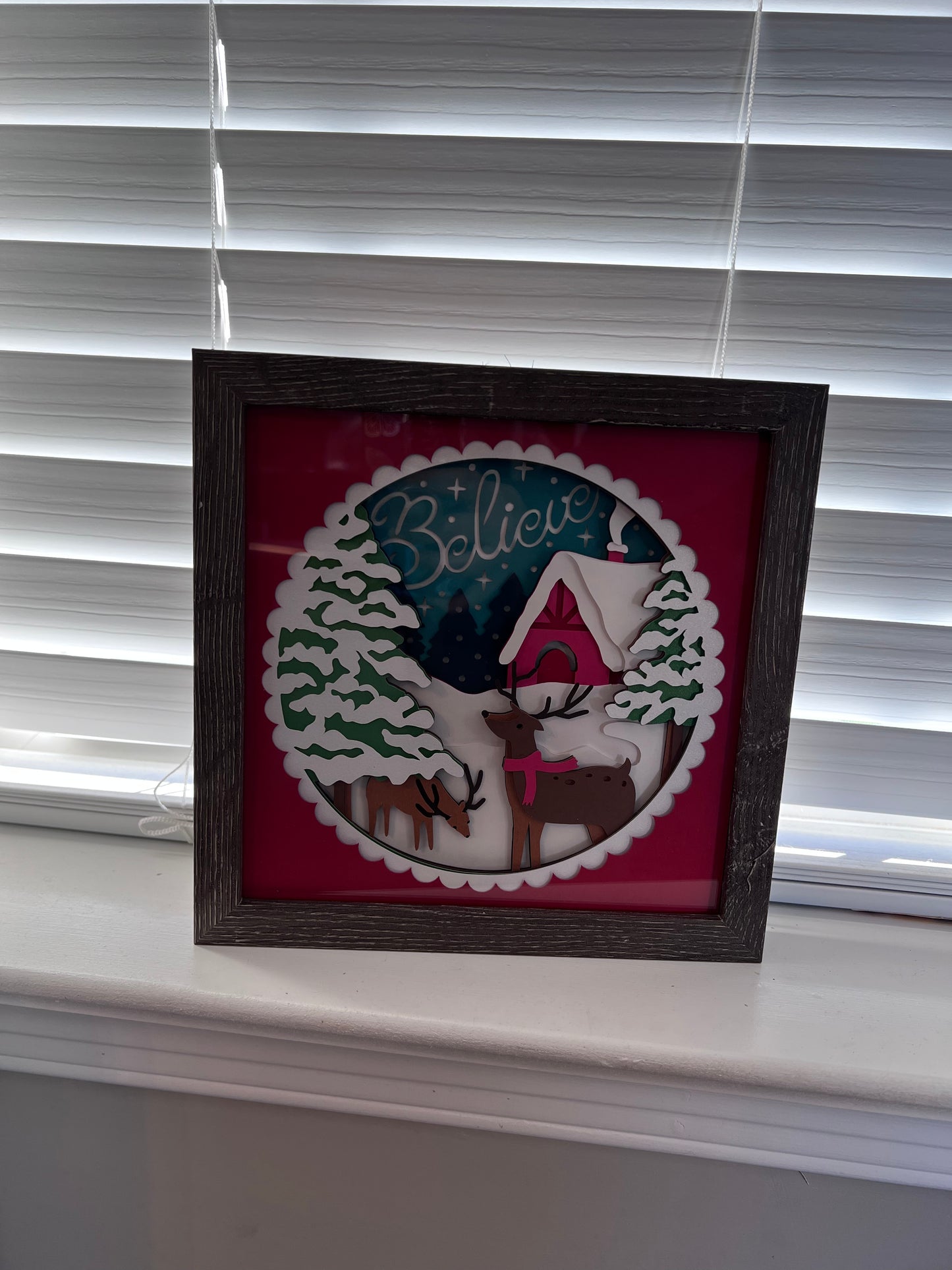 Believe cabin with deer 3D paper art in a shadowbox