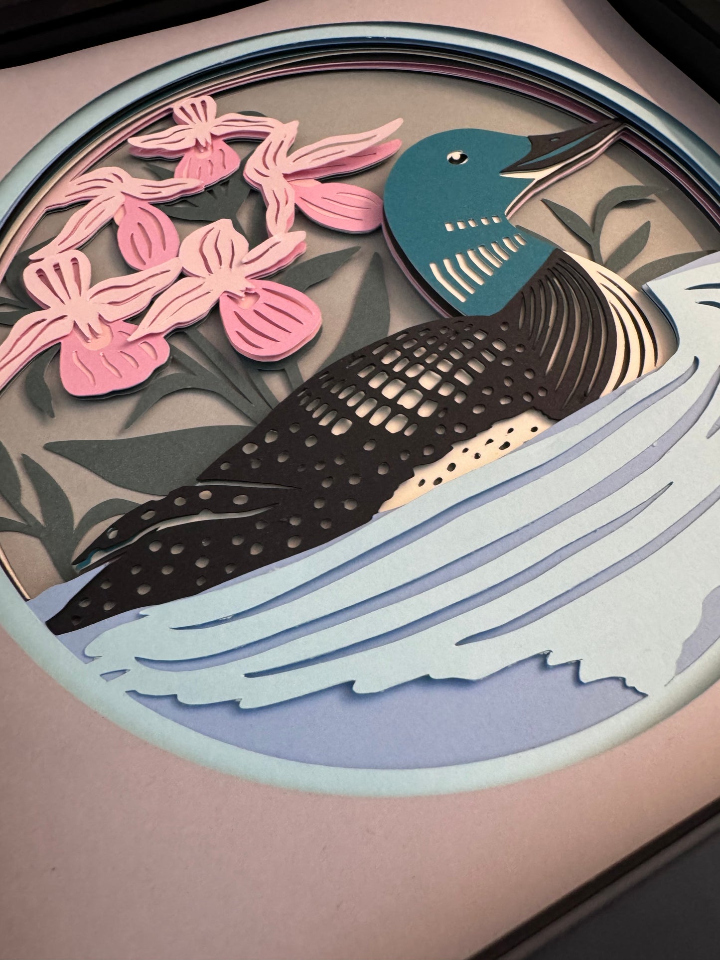 Loon with pink flowers 3D paper art in a shadowbox