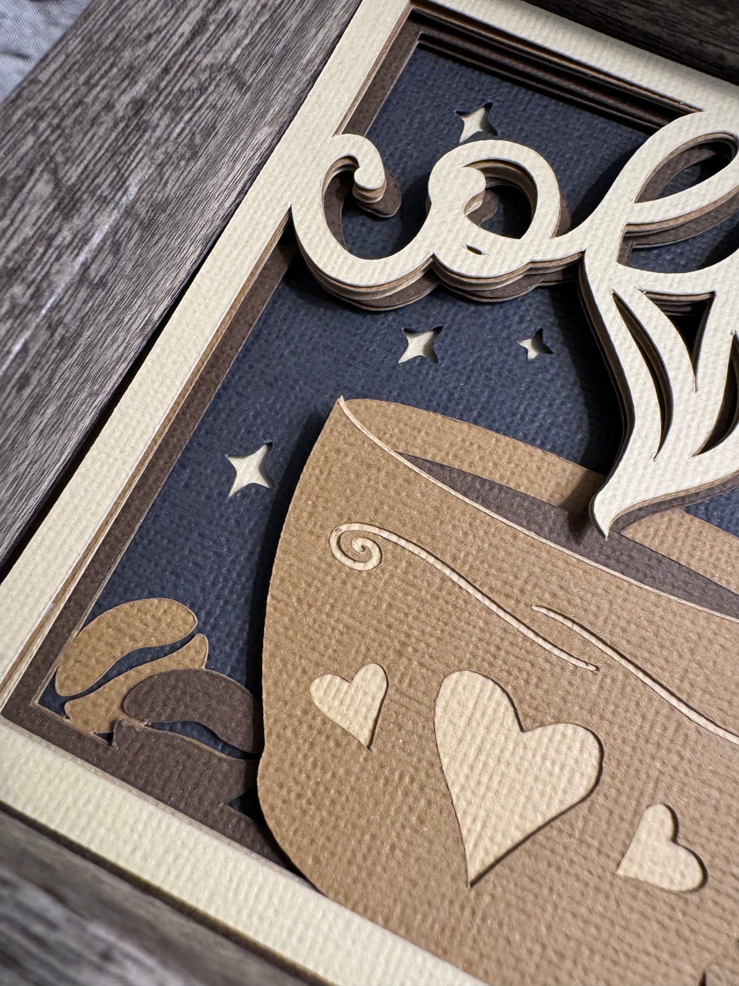 Coffee cup with hearts mini 3D paper art in a shadowbox