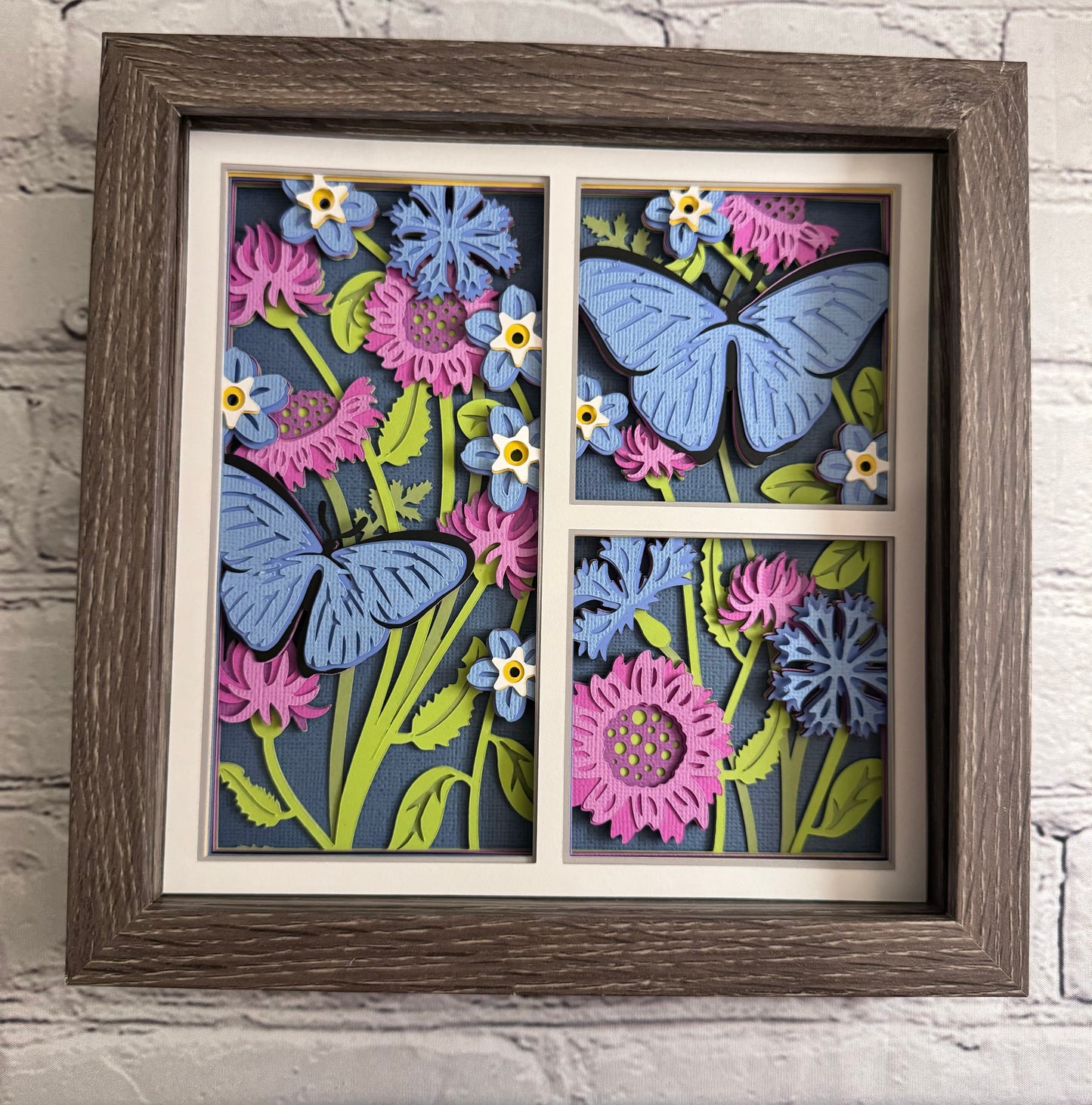 Butterfly 3 panel scene blue morpho butterfly 3D paper art in a shadowbox