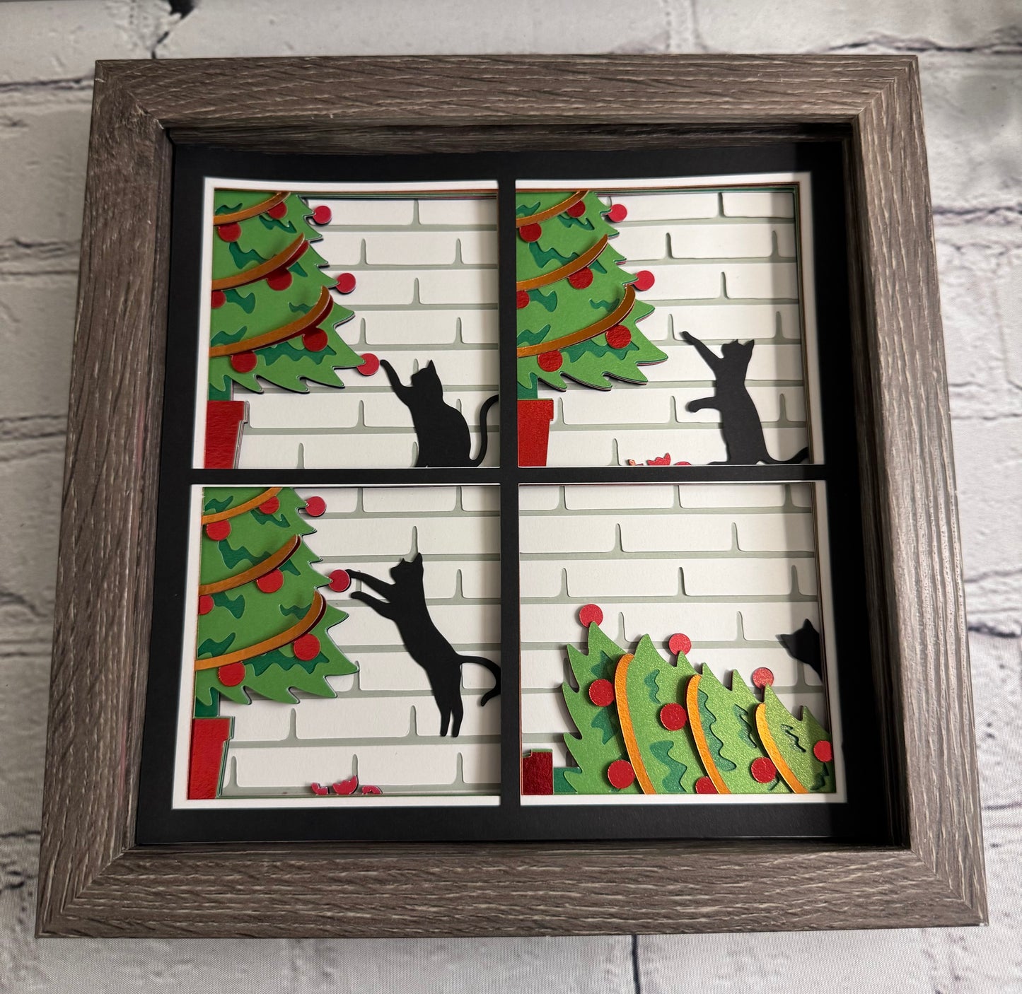 Crazy cat with Christmas tree 3D paper art shadowbox