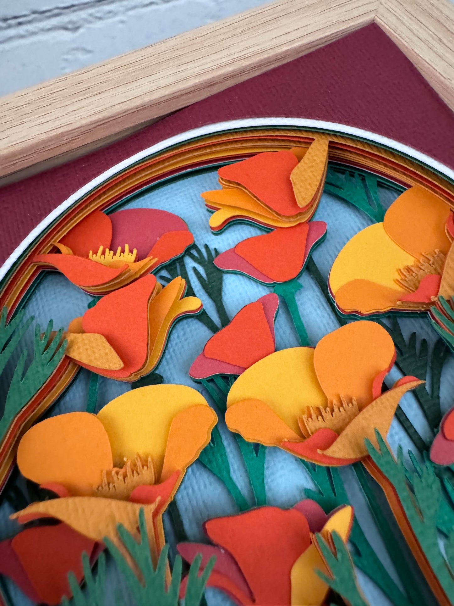 California poppy mini 3D paper art in a shadowbox