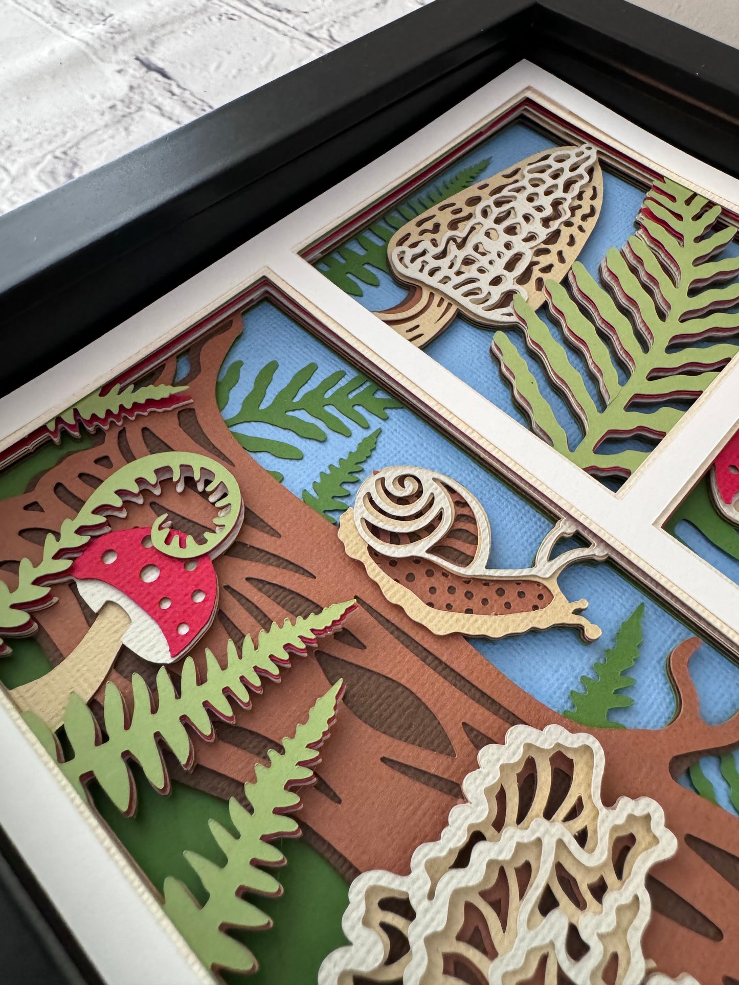 Mushroom forest three panel design 3D paper art in a shadowbox