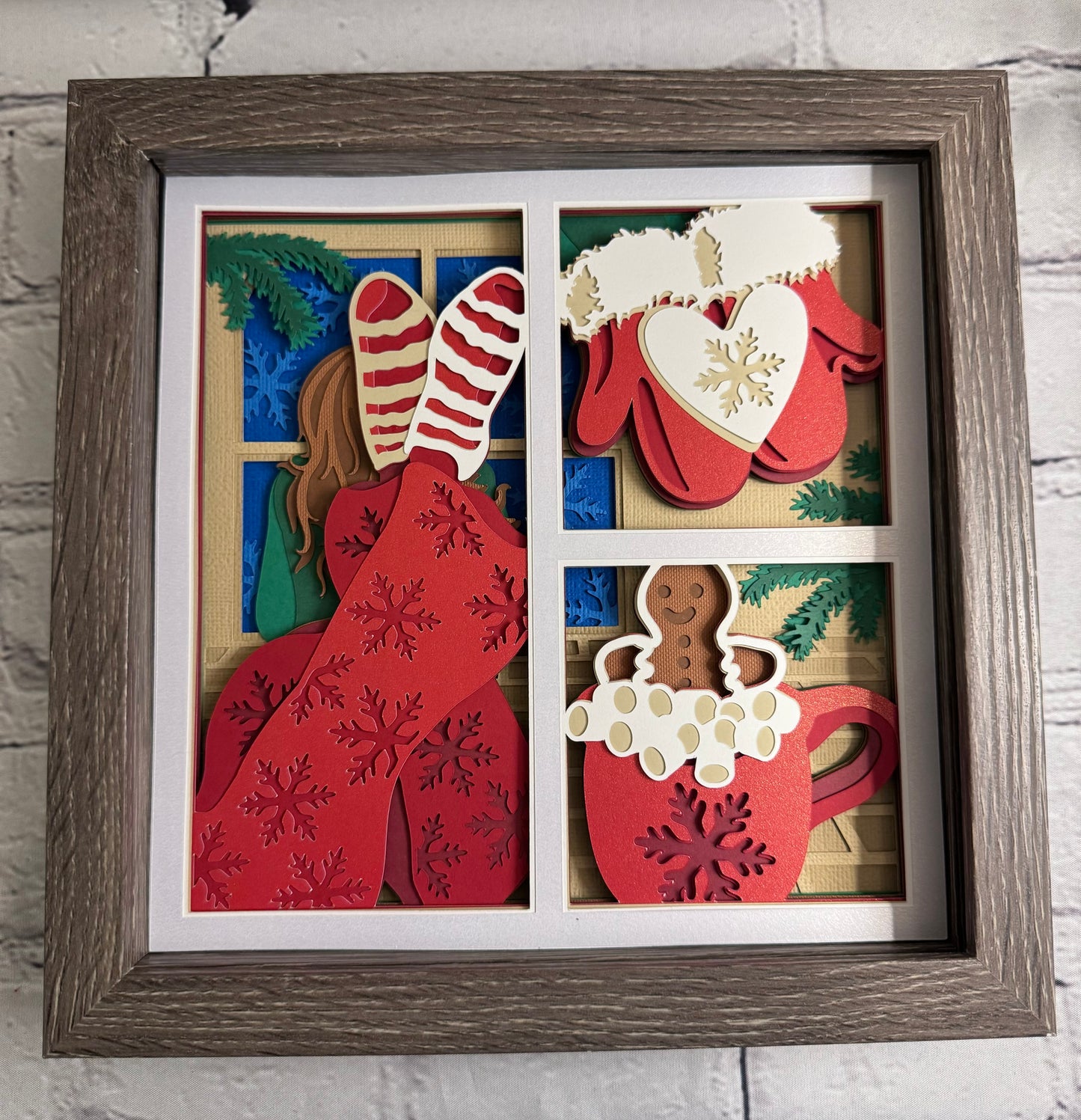 Lounging girl with hot cocoa 3D paper art shadowbox