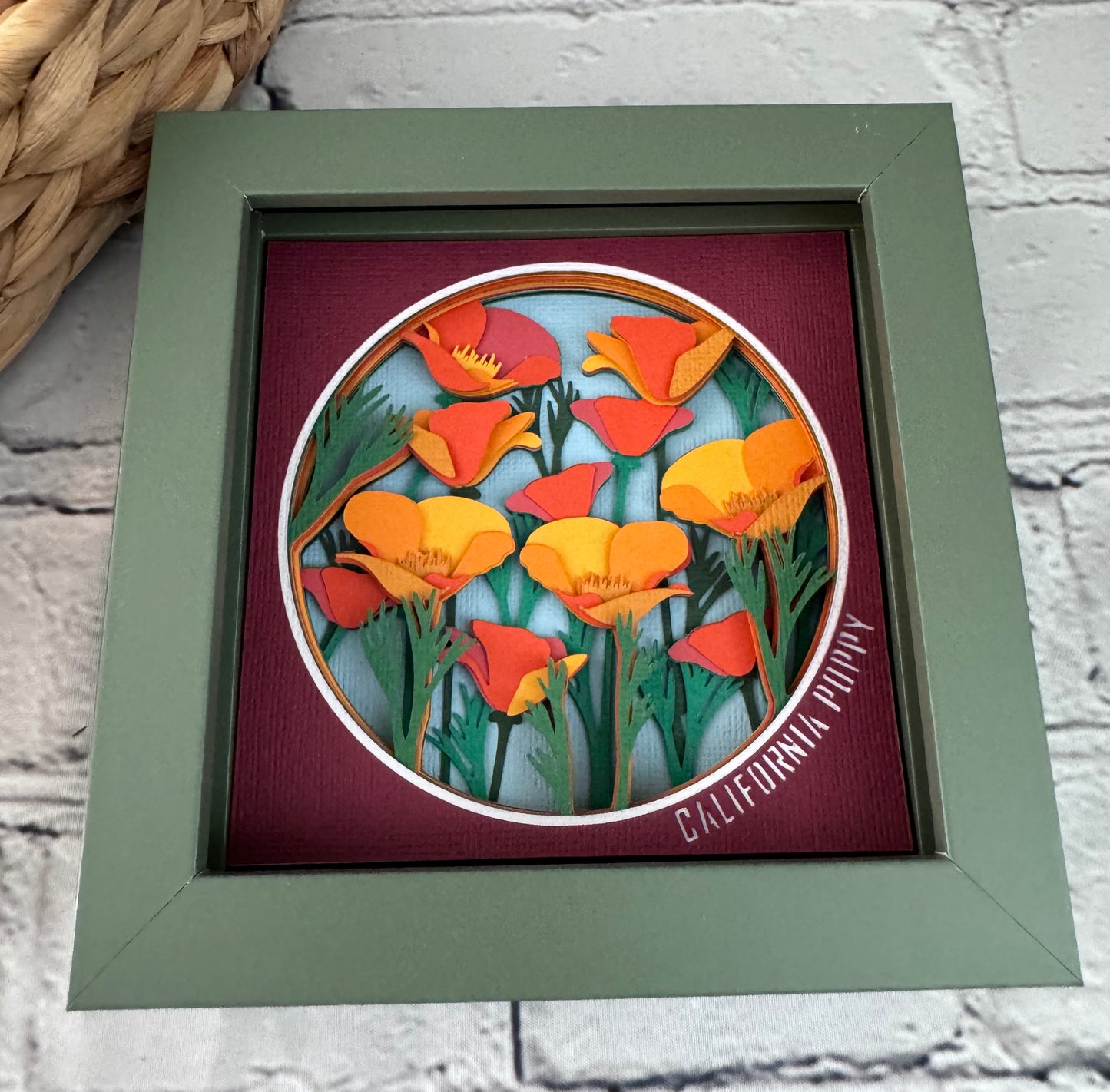 California poppy mini 3D paper art in a shadowbox