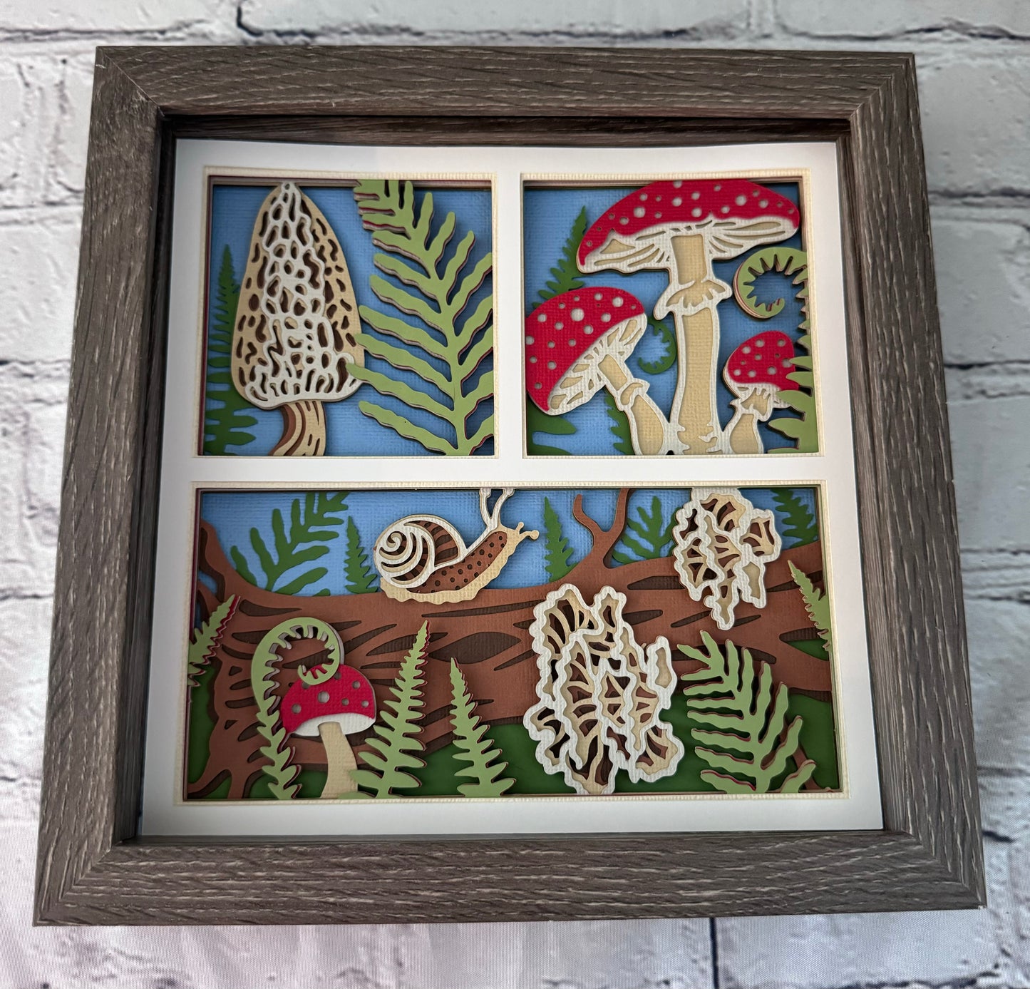 Mushroom forest three panel design 3D paper art in a shadowbox